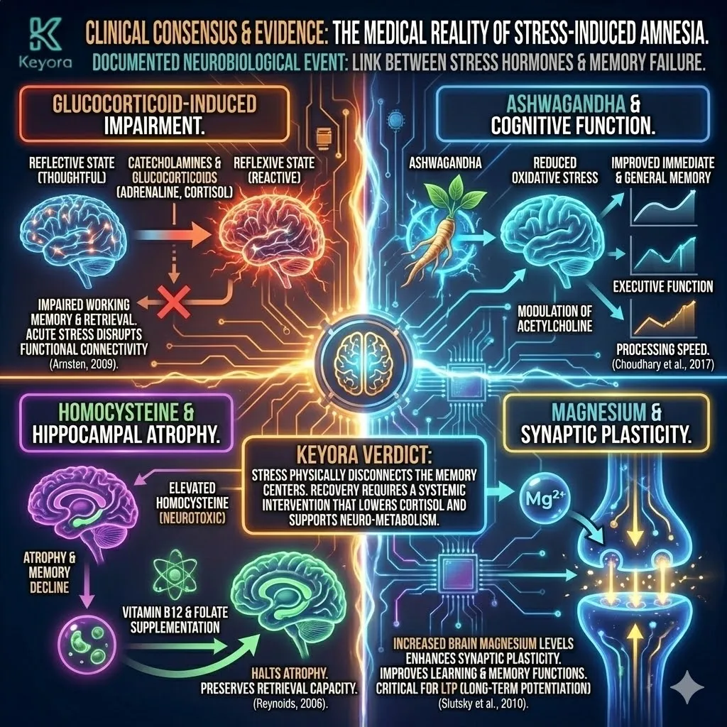 Technical 3D visual of the Clinical Consensus on Stress-Induced Amnesia. The render illustrates the transition from a "Reflective" to a "Reflexive" state, mapping the functional connectivity disruption caused by catecholamine spikes. The architecture renders the protective impact of Ashwagandha on executive function, B-Vitamins preventing Hippocampal atrophy via Homocysteine clearance, and Magnesium facilitating Long-Term Potentiation (LTP). This layout defines the "Brain Blanking" phenomenon as a reversible structural disconnection of the memory centers. Technical 3D visual of the Clinical Consensus on Stress-Induced Amnesia. The render illustrates the transition from a "Reflective" to a "Reflexive" state, mapping the functional connectivity disruption caused by catecholamine spikes. The architecture renders the protective impact of Ashwagandha on executive function, B-Vitamins preventing Hippocampal atrophy via Homocysteine clearance, and Magnesium facilitating Long-Term Potentiation (LTP). This layout defines the "Brain Blanking" phenomenon as a reversible structural disconnection of the memory centers.