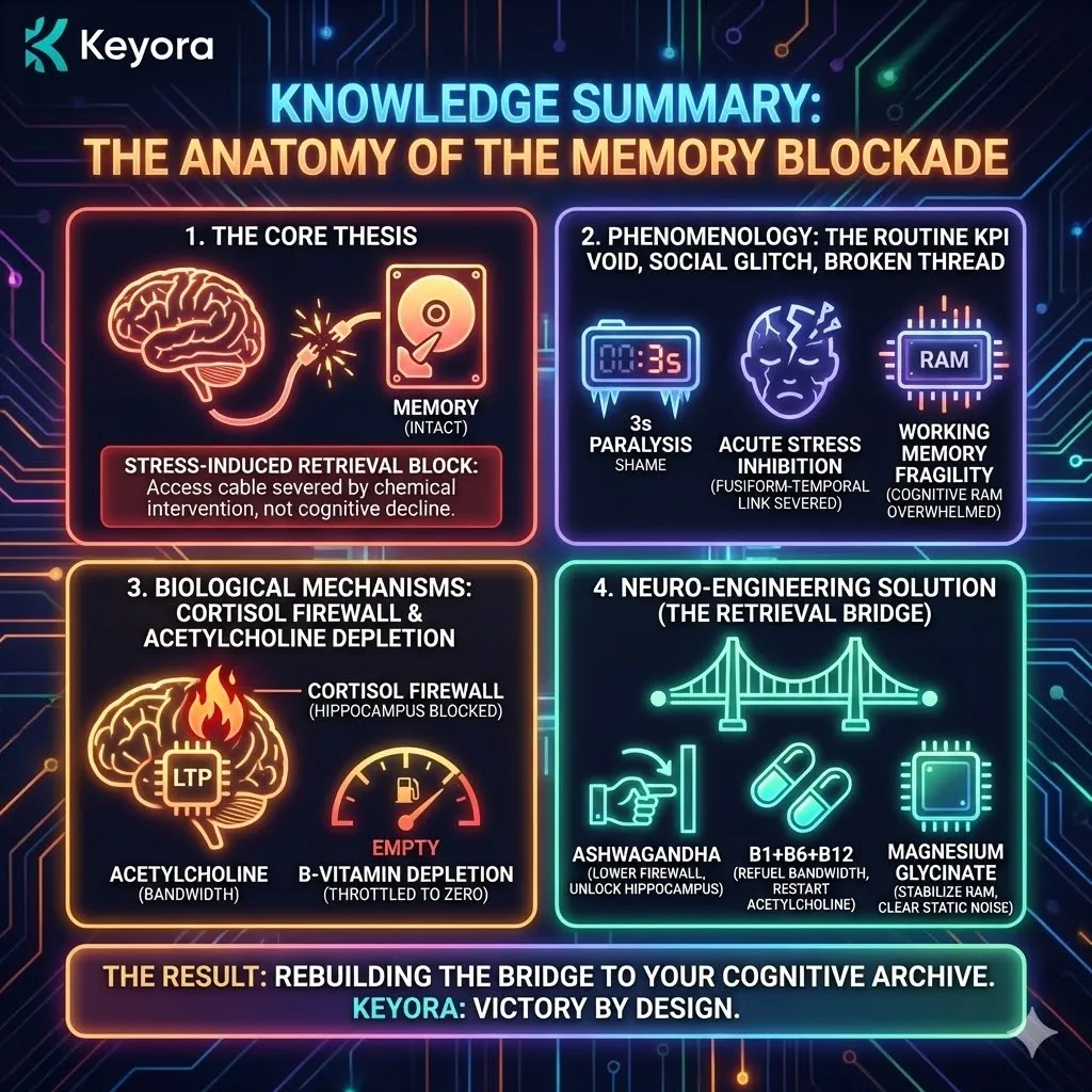 Technical 3D visual of the "Memory Blockade" architecture. The render maps the Cortisol Firewall blocking Hippocampal receptors and the 90% RAM overflow of Working Memory Fragility. This layout illustrates the transition to the "Retrieval Bridge," where Ashwagandha unlocks the storage gates and B-Vitamins refuel the Acetylcholine bandwidth. The architecture renders the "Social Glitch" as a reversible hardware failure, defining the path back to high-fidelity recall through neuro-metabolic stabilization. Technical 3D visual of the "Memory Blockade" architecture. The render maps the Cortisol Firewall blocking Hippocampal receptors and the 90% RAM overflow of Working Memory Fragility. This layout illustrates the transition to the "Retrieval Bridge," where Ashwagandha unlocks the storage gates and B-Vitamins refuel the Acetylcholine bandwidth. The architecture renders the "Social Glitch" as a reversible hardware failure, defining the path back to high-fidelity recall through neuro-metabolic stabilization.