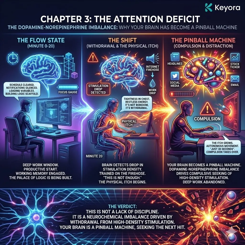 Technical 3D visual of "The Physical Itch" and the Dopamine-Norepinephrine Imbalance. The render maps the transition from Deep Work flow to a state of high-voltage restlessness, illustrating the neural withdrawal from low-density rewards. This architecture captures the "Physical Itch" as an autonomous compulsion, where the brain’s demand for high-velocity stimulation overrides the Prefrontal Cortex. The layout renders the descent into "Pinball Mode," defining the focus collapse as a hardware-level addiction to high-density digital rewards. Technical 3D visual of "The Physical Itch" and the Dopamine-Norepinephrine Imbalance. The render maps the transition from Deep Work flow to a state of high-voltage restlessness, illustrating the neural withdrawal from low-density rewards. This architecture captures the "Physical Itch" as an autonomous compulsion, where the brain’s demand for high-velocity stimulation overrides the Prefrontal Cortex. The layout renders the descent into "Pinball Mode," defining the focus collapse as a hardware-level addiction to high-density digital rewards.