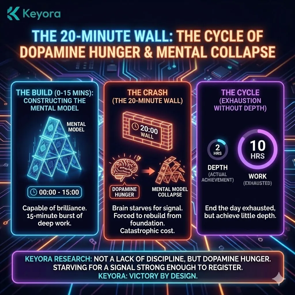 Technical 3D visual of the "20-Minute Wall" and the collapse of the mental scaffold. The render maps the transition from a high-resolution logic structure to a fragmented state of "Dopamine Hunger" following a 45-second micro-interruption. This architecture illustrates the catastrophic "Rebuild Cost," where the brain's demand for high-intensity stimulation forces a total cache dump of the work-in-progress. The layout renders the "House of Cards" logic dissolving into a state of metabolic starvation. Technical 3D visual of the "20-Minute Wall" and the collapse of the mental scaffold. The render maps the transition from a high-resolution logic structure to a fragmented state of "Dopamine Hunger" following a 45-second micro-interruption. This architecture illustrates the catastrophic "Rebuild Cost," where the brain's demand for high-intensity stimulation forces a total cache dump of the work-in-progress. The layout renders the "House of Cards" logic dissolving into a state of metabolic starvation.