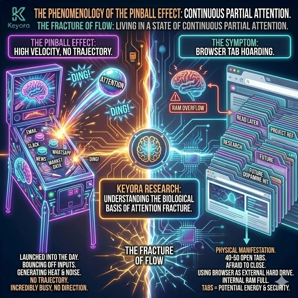 Technical 3D visual of "The Pinball Effect" and Browser Tab Hoarding. The render maps the fracture of flow as a high-velocity ball of attention bouncing between Slack, Email, and Market Data bumpers, generating systemic heat without trajectory. This architecture illustrates the browser as an "External RAM," where 50+ open tabs represent a hardware-level buffer overflow and a demand for potential dopamine. The layout renders the transition from productive trajectory to continuous partial attention, defining the busy executive as a system in state-of-flux. Technical 3D visual of "The Pinball Effect" and Browser Tab Hoarding. The render maps the fracture of flow as a high-velocity ball of attention bouncing between Slack, Email, and Market Data bumpers, generating systemic heat without trajectory. This architecture illustrates the browser as an "External RAM," where 50+ open tabs represent a hardware-level buffer overflow and a demand for potential dopamine. The layout renders the transition from productive trajectory to continuous partial attention, defining the busy executive as a system in state-of-flux.
