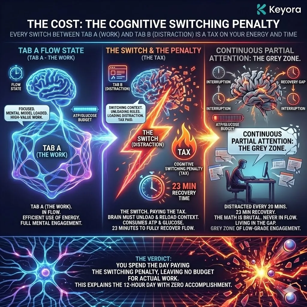 Technical 3D visual of the "Cognitive Switching Penalty" and the ATP Exhaustion Loop. The render maps the metabolic tax of shifting between Task A and Task B, illustrating the massive energy drain required to "unload" and "reload" complex logic structures. This architecture captures the 23-minute recovery gap, showing the brain trapped in a state of Continuous Partial Attention where the metabolic budget is consumed by context-switching before any Deep Work can occur. Technical 3D visual of the "Cognitive Switching Penalty" and the ATP Exhaustion Loop. The render maps the metabolic tax of shifting between Task A and Task B, illustrating the massive energy drain required to "unload" and "reload" complex logic structures. This architecture captures the 23-minute recovery gap, showing the brain trapped in a state of Continuous Partial Attention where the metabolic budget is consumed by context-switching before any Deep Work can occur.