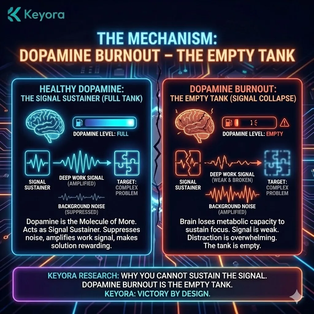 Technical 3D visual of "Dopamine as the Signal Sustainer." The render illustrates the "Molecule of More" acting as a neural filter, amplifying the high-resolution signal of Deep Work while suppressing peripheral "Noise" bumpers. This architecture maps the chemical lock-on mechanism required for prolonged focus, rendering the transition from seeking to sustained pursuit. The layout defines the successful Deep Work state as a high-density dopamine signal that creates the structural stability needed for complex problem-solving. Technical 3D visual of "Dopamine as the Signal Sustainer." The render illustrates the "Molecule of More" acting as a neural filter, amplifying the high-resolution signal of Deep Work while suppressing peripheral "Noise" bumpers. This architecture maps the chemical lock-on mechanism required for prolonged focus, rendering the transition from seeking to sustained pursuit. The layout defines the successful Deep Work state as a high-density dopamine signal that creates the structural stability needed for complex problem-solving.
