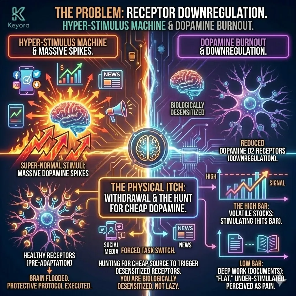 Technical 3D visual of "Dopamine Receptor Downregulation" and the high-density stimulation bar. The render maps the physical shrinkage of D2 Receptors on the neural surface, creating a "Signal Gap" where slow-release Deep Work falls below the detection threshold. This architecture illustrates the "Super-Normal Stimuli" of market volatility and social feeds hitting the artificial "High Bar," while complex logic remains invisible to the desensitized system. The layout renders the "Physical Itch" as a biological withdrawal symptom of a system starving for a stronger dose. Technical 3D visual of "Dopamine Receptor Downregulation" and the high-density stimulation bar. The render maps the physical shrinkage of D2 Receptors on the neural surface, creating a "Signal Gap" where slow-release Deep Work falls below the detection threshold. This architecture illustrates the "Super-Normal Stimuli" of market volatility and social feeds hitting the artificial "High Bar," while complex logic remains invisible to the desensitized system. The layout renders the "Physical Itch" as a biological withdrawal symptom of a system starving for a stronger dose.