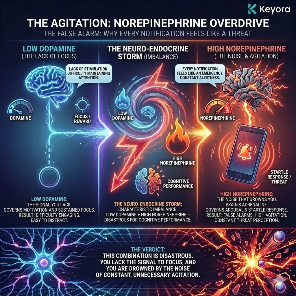 Technical 3D visual of "Norepinephrine Overdrive" and the Neural Signal-to-Noise Imbalance. The render maps the "Disastrous Combination": a collapsed, low-density Dopamine signal (Lack of Focus) overwhelmed by a high-voltage flood of Norepinephrine (High Agitation). This architecture illustrates the "Startle Response" at the synaptic level, where background noise creates a state of hyper-arousal that drowns out deep cognitive processing. The layout renders the transition from productive alertness to a chaotic "False Alarm" state. Technical 3D visual of "Norepinephrine Overdrive" and the Neural Signal-to-Noise Imbalance. The render maps the "Disastrous Combination": a collapsed, low-density Dopamine signal (Lack of Focus) overwhelmed by a high-voltage flood of Norepinephrine (High Agitation). This architecture illustrates the "Startle Response" at the synaptic level, where background noise creates a state of hyper-arousal that drowns out deep cognitive processing. The layout renders the transition from productive alertness to a chaotic "False Alarm" state.