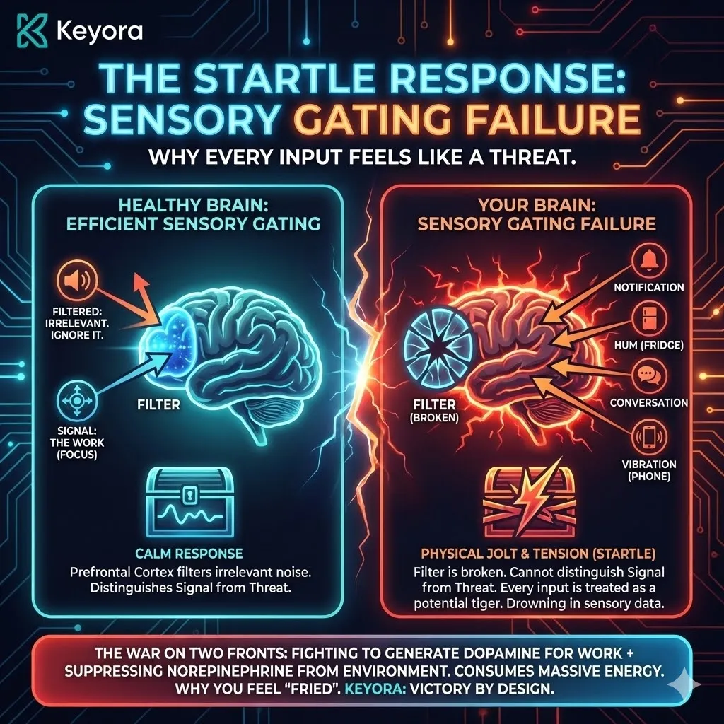 Technical 3D visual of "Sensory Gating Failure" and the broken neural filter. The render maps the "Startle Response" where a phone vibration triggers a high-voltage Norepinephrine jolt, overwhelming the Prefrontal Cortex. This architecture illustrates the loss of signal-noise distinction, showing environmental inputs—refrigerator hums and hallway chatter—flooding the conscious workspace as "Threats." The layout renders the "Fried" state as a metabolic exhaustion of the brain fighting an internal war against its own unfiltered sensory data. Technical 3D visual of "Sensory Gating Failure" and the broken neural filter. The render maps the "Startle Response" where a phone vibration triggers a high-voltage Norepinephrine jolt, overwhelming the Prefrontal Cortex. This architecture illustrates the loss of signal-noise distinction, showing environmental inputs—refrigerator hums and hallway chatter—flooding the conscious workspace as "Threats." The layout renders the "Fried" state as a metabolic exhaustion of the brain fighting an internal war against its own unfiltered sensory data.