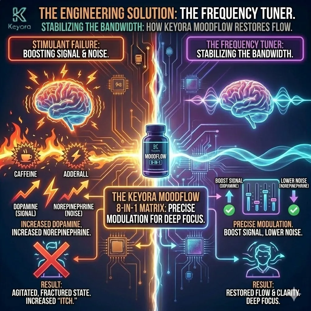 Technical 3D visual of "The Frequency Tuner" neuro-architecture. The render maps the MoodFlow 8-in-1 Matrix acting as a biological equalizer: amplifying the high-fidelity Dopamine signal (The Work) while dampening the high-voltage Norepinephrine noise (The Agitation). This layout illustrates the transition from the chaotic "Pinball Effect" to a stabilized, linear trajectory of focus. The architecture renders the "Frequency Tuner" as a corrective layer over the Prefrontal Cortex, restoring the metabolic budget for Deep Work without increasing systemic jitter. Technical 3D visual of "The Frequency Tuner" neuro-architecture. The render maps the MoodFlow 8-in-1 Matrix acting as a biological equalizer: amplifying the high-fidelity Dopamine signal (The Work) while dampening the high-voltage Norepinephrine noise (The Agitation). This layout illustrates the transition from the chaotic "Pinball Effect" to a stabilized, linear trajectory of focus. The architecture renders the "Frequency Tuner" as a corrective layer over the Prefrontal Cortex, restoring the metabolic budget for Deep Work without increasing systemic jitter.