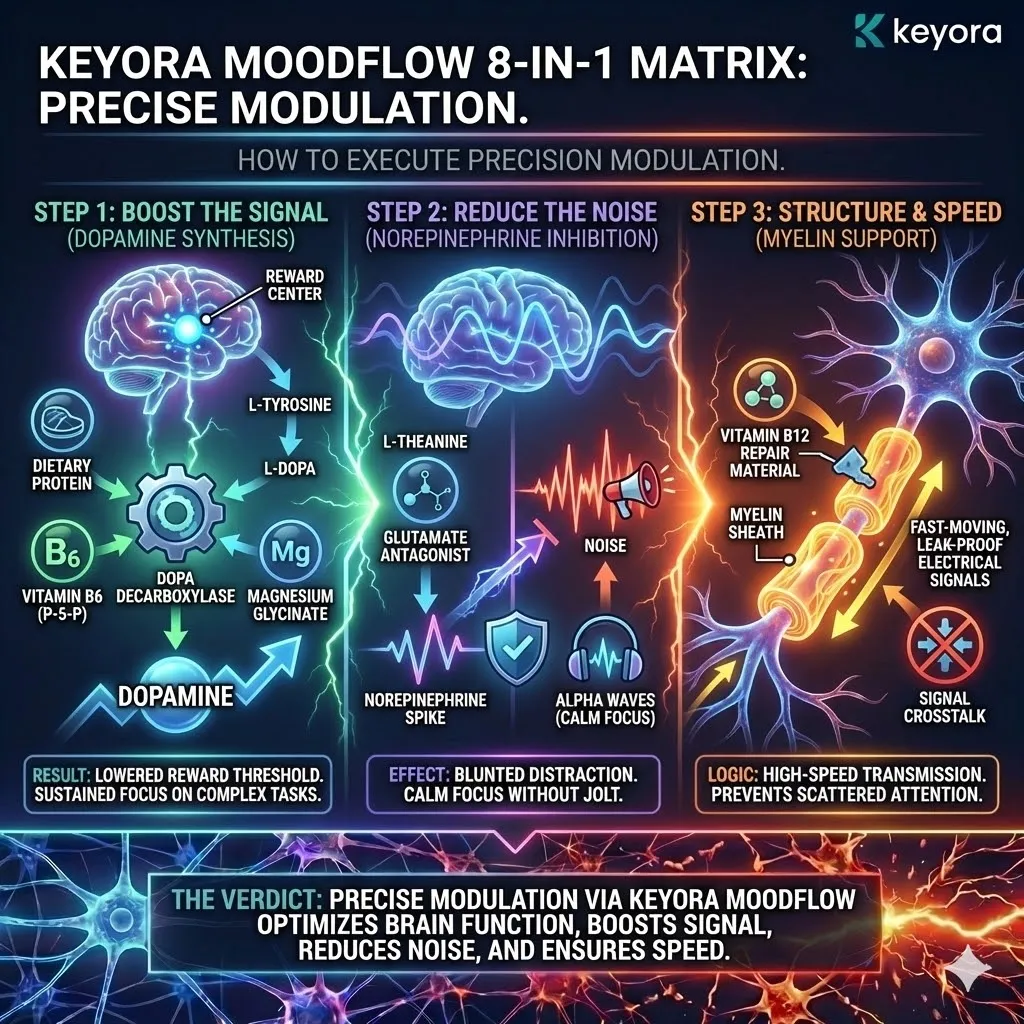 Technical 3D visual of "The Frequency Tuner" executing precision modulation. The render maps a three-stage architectural restoration: Vitamin B6 (P-5-P) saturating the DOPA Decarboxylase enzyme to boost the internal dopamine drip, L-Theanine acting as a glutamate antagonist to dampen the Norepinephrine noise, and Vitamin B12 reinforcing the Myelin insulation to prevent signal leakage. This layout renders the transition from "Scattered Crosstalk" to high-speed, insulated signal transmission. Technical 3D visual of "The Frequency Tuner" executing precision modulation. The render maps a three-stage architectural restoration: Vitamin B6 (P-5-P) saturating the DOPA Decarboxylase enzyme to boost the internal dopamine drip, L-Theanine acting as a glutamate antagonist to dampen the Norepinephrine noise, and Vitamin B12 reinforcing the Myelin insulation to prevent signal leakage. This layout renders the transition from "Scattered Crosstalk" to high-speed, insulated signal transmission.