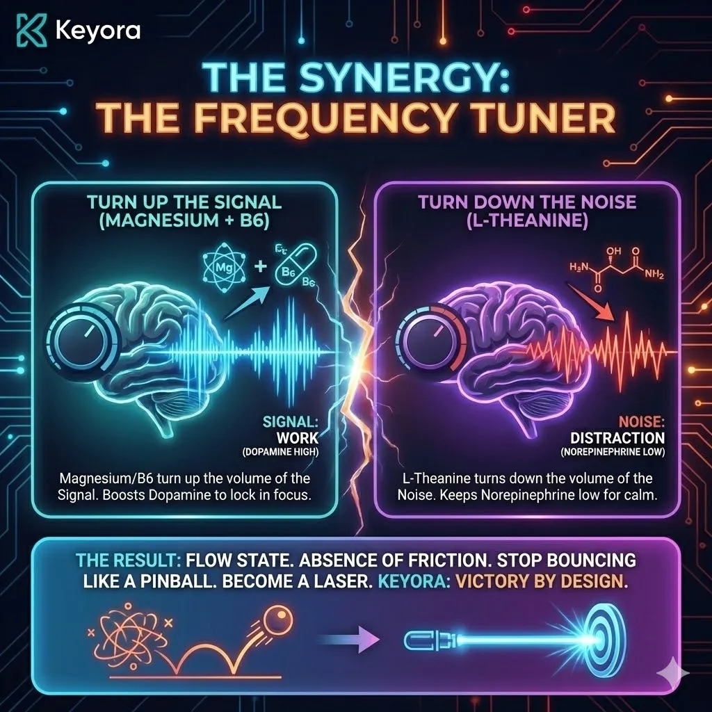 Technical 3D visual of the "Frequency Tuner" synergy in active Flow state. The render maps the simultaneous amplification of the Dopamine Signal (via Magnesium/B6) and the damping of Norepinephrine Noise (via L-Theanine). The architecture illustrates the transition from the chaotic "Pinball" trajectory to a high-density, linear "Laser" beam of focus. This layout renders "Flow" as a structural state of zero friction, where the neural signal is shielded from environmental interference. Technical 3D visual of the "Frequency Tuner" synergy in active Flow state. The render maps the simultaneous amplification of the Dopamine Signal (via Magnesium/B6) and the damping of Norepinephrine Noise (via L-Theanine). The architecture illustrates the transition from the chaotic "Pinball" trajectory to a high-density, linear "Laser" beam of focus. This layout renders "Flow" as a structural state of zero friction, where the neural signal is shielded from environmental interference.