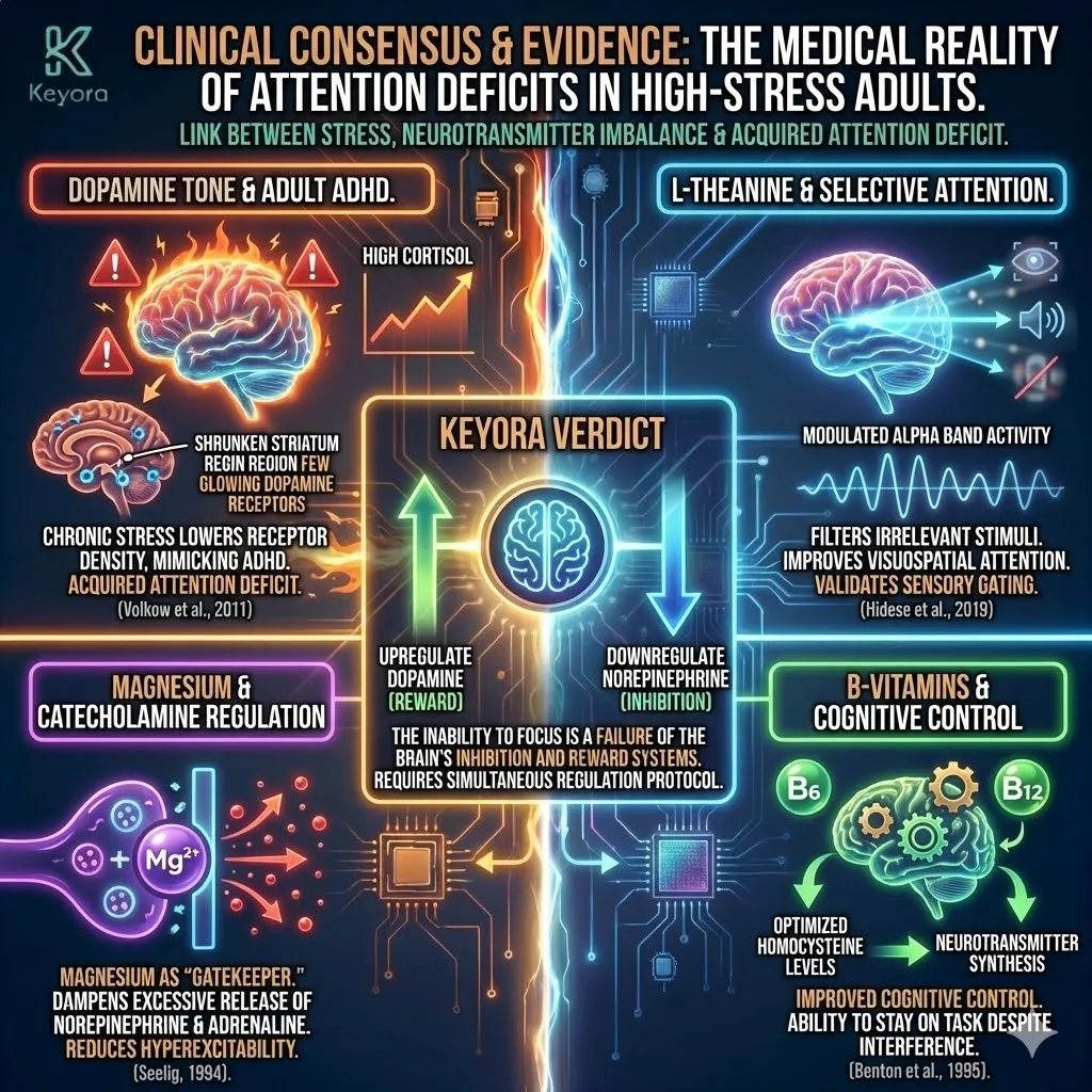 Technical 3D visual of the "Cognitive Control Architecture" and the biological restoration of focus. The render maps the up-regulation of Dopamine Tone in the Striatum alongside the Magnesium-mediated damping of Norepinephrine release. This layout illustrates the "Sensory Gating" effect of Alpha Band modulation, rendering the transition from a hyper-excitable "Distraction Mode" to a shielded "Executive Mode." The architecture defines the synergy of B-Vitamins and L-Theanine as a structural reinforcement of the neural inhibition and reward systems. Technical 3D visual of the "Cognitive Control Architecture" and the biological restoration of focus. The render maps the up-regulation of Dopamine Tone in the Striatum alongside the Magnesium-mediated damping of Norepinephrine release. This layout illustrates the "Sensory Gating" effect of Alpha Band modulation, rendering the transition from a hyper-excitable "Distraction Mode" to a shielded "Executive Mode." The architecture defines the synergy of B-Vitamins and L-Theanine as a structural reinforcement of the neural inhibition and reward systems.