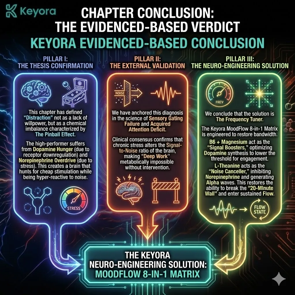 Technical 3D visual of the "Frequency Tuner" Evidence-Based Verdict. The render integrates the Three Pillars: The Pinball Effect (Chemical Imbalance), External Validation (Sensory Gating Failure), and the Neuro-Engineering Solution (MoodFlow 8-in-1 Matrix). The architecture maps the transition from a hyper-reactive, low-signal state to a high-fidelity "Flow Mode." This layout renders the synergistic impact of B6, Magnesium, and L-Theanine as they systematically dismantle the 20-Minute Wall, restoring the metabolic capacity for sustained executive depth. Technical 3D visual of the "Frequency Tuner" Evidence-Based Verdict. The render integrates the Three Pillars: The Pinball Effect (Chemical Imbalance), External Validation (Sensory Gating Failure), and the Neuro-Engineering Solution (MoodFlow 8-in-1 Matrix). The architecture maps the transition from a hyper-reactive, low-signal state to a high-fidelity "Flow Mode." This layout renders the synergistic impact of B6, Magnesium, and L-Theanine as they systematically dismantle the 20-Minute Wall, restoring the metabolic capacity for sustained executive depth.