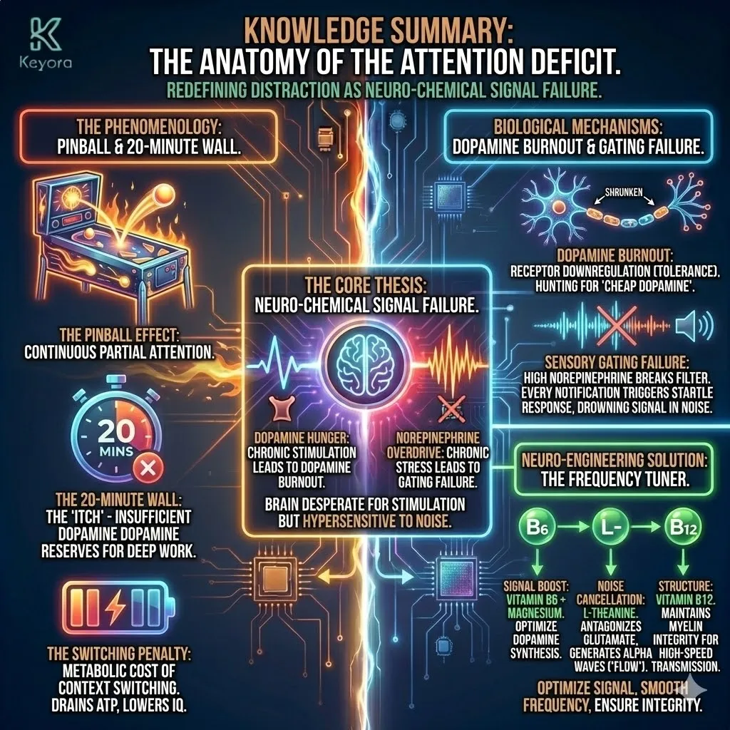 Technical 3D visual of the "Anatomy of the Attention Deficit" and its structural resolution. The render maps the "Pinball Effect" as a chaotic neural trajectory, contrasted against the "Frequency Tuner" architecture. This layout illustrates the biological mechanisms: the DOPA Decarboxylase optimization for signal boosting and the Alpha Wave generation for noise cancellation. The architecture renders the transition from "Dopamine Hunger" to "Myelinated Flow," showing the restoration of the 20-Minute Wall into a high-speed logic corridor. Technical 3D visual of the "Anatomy of the Attention Deficit" and its structural resolution. The render maps the "Pinball Effect" as a chaotic neural trajectory, contrasted against the "Frequency Tuner" architecture. This layout illustrates the biological mechanisms: the DOPA Decarboxylase optimization for signal boosting and the Alpha Wave generation for noise cancellation. The architecture renders the transition from "Dopamine Hunger" to "Myelinated Flow," showing the restoration of the 20-Minute Wall into a high-speed logic corridor.