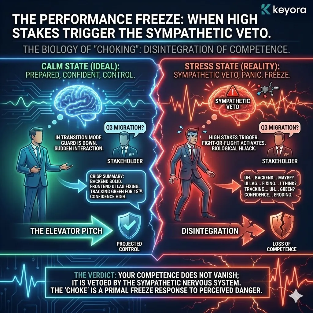 Technical 3D visual of the "Sympathetic Veto" and the sudden collapse of executive speech. The render maps the transition from "Transition Mode" to "High-Stakes Collision," illustrating the biological hijacking of the Prefrontal Cortex by the Amygdala. This architecture renders the "Performance Freeze" as a hardware-level lockdown where the neural pathways for a crisp, 3-sentence summary are physically obstructed by a sudden surge of sympathetic arousal. Technical 3D visual of the "Sympathetic Veto" and the sudden collapse of executive speech. The render maps the transition from "Transition Mode" to "High-Stakes Collision," illustrating the biological hijacking of the Prefrontal Cortex by the Amygdala. This architecture renders the "Performance Freeze" as a hardware-level lockdown where the neural pathways for a crisp, 3-sentence summary are physically obstructed by a sudden surge of sympathetic arousal.