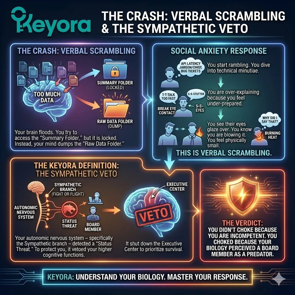 Technical 3D visual of "Verbal Scrambling" and the Sympathetic Veto mechanism. The render maps the architectural "Raw Data Dump" where the high-fidelity Summary Folder is bypassed by a flood of low-level technical minutiae. This layout illustrates the "Status Threat" response: the Amygdala overrides the Broca's area, rendering the transition from leadership confidence to disorganized rambling. The architecture captures the "Burning Heat" of the physiological aftermath, defining the Verbal Scramble as a hardware-level lockdown of the Executive Center during a perceived social predation. Technical 3D visual of "Verbal Scrambling" and the Sympathetic Veto mechanism. The render maps the architectural "Raw Data Dump" where the high-fidelity Summary Folder is bypassed by a flood of low-level technical minutiae. This layout illustrates the "Status Threat" response: the Amygdala overrides the Broca's area, rendering the transition from leadership confidence to disorganized rambling. The architecture captures the "Burning Heat" of the physiological aftermath, defining the Verbal Scramble as a hardware-level lockdown of the Executive Center during a perceived social predation.
