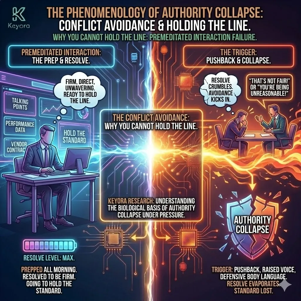 Technical 3D visual of "Authority Collapse" and the Premeditated Failure state. The render maps the architectural breakdown of the "Command Center" when confronted with a social trigger. This layout illustrates the transition from a "Firm Standard" to a "Sympathetic Retreat," showing the neural scaffolding of the talking points dissolving as the Amygdala detects the rising pitch of interpersonal conflict. The architecture captures the precise moment the "Command Signal" is compromised by a defensive feedback loop. Technical 3D visual of "Authority Collapse" and the Premeditated Failure state. The render maps the architectural breakdown of the "Command Center" when confronted with a social trigger. This layout illustrates the transition from a "Firm Standard" to a "Sympathetic Retreat," showing the neural scaffolding of the talking points dissolving as the Amygdala detects the rising pitch of interpersonal conflict. The architecture captures the precise moment the "Command Signal" is compromised by a defensive feedback loop.