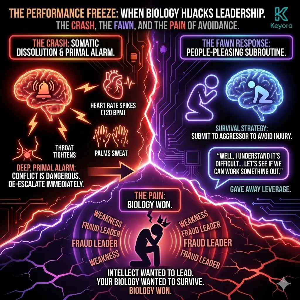 Technical 3D visual of the "Fawn Response" and the somatic collapse of leadership resolve. The render maps the architectural shift from the "Command Center" to the "Submission Protocol," where a 120 BPM heart rate spike triggers a physiological retreat. This layout illustrates the "People-Pleasing Subroutine" as a hardware-level override, rendering the throat tightening and palm sweating as biological markers of the "Conflict Avoidance" survival strategy. The architecture captures the precise moment the executive intellect is vetoed by the primal demand for de-escalation. Technical 3D visual of the "Fawn Response" and the somatic collapse of leadership resolve. The render maps the architectural shift from the "Command Center" to the "Submission Protocol," where a 120 BPM heart rate spike triggers a physiological retreat. This layout illustrates the "People-Pleasing Subroutine" as a hardware-level override, rendering the throat tightening and palm sweating as biological markers of the "Conflict Avoidance" survival strategy. The architecture captures the precise moment the executive intellect is vetoed by the primal demand for de-escalation.