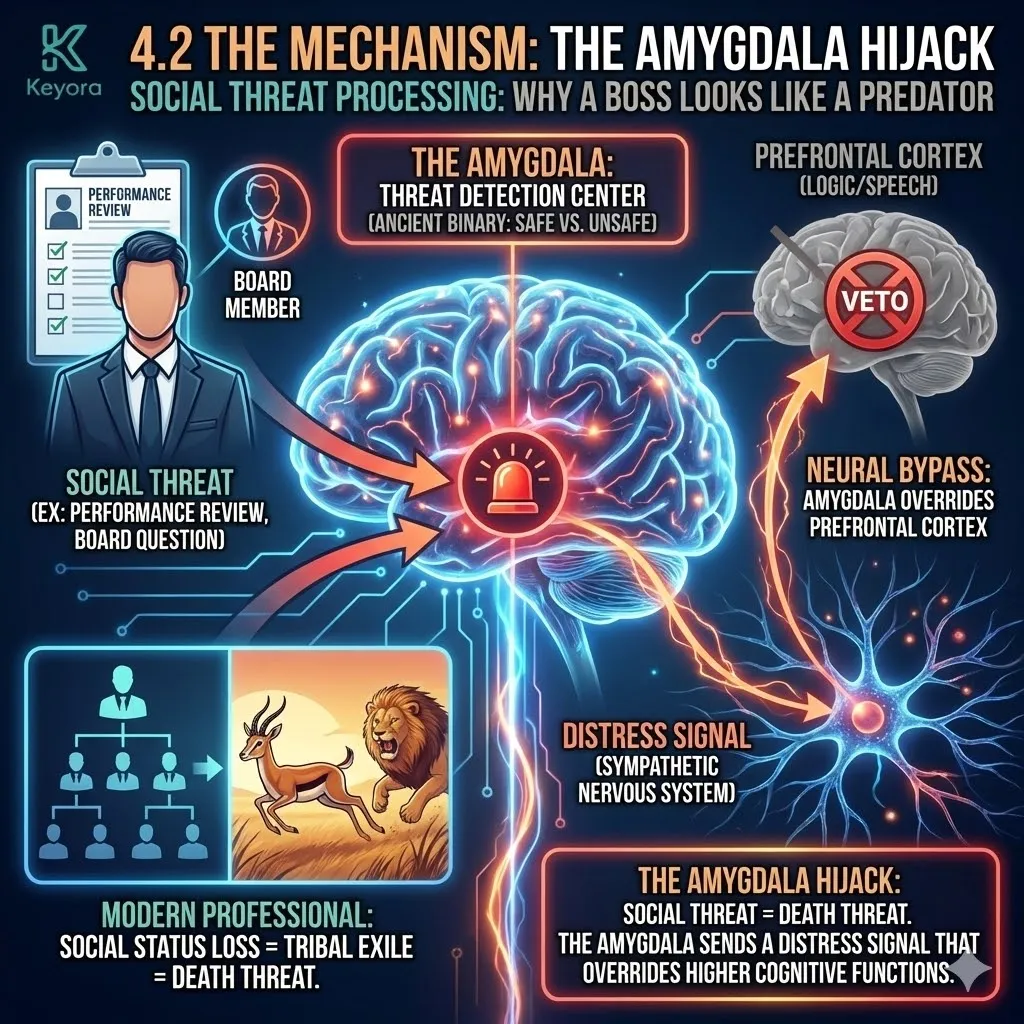 Technical 3D visual of "The Amygdala Hijack" and the Neural Bypass. The render maps the architectural transition from high-level logic to primitive defense, where the Amygdala triggers a high-voltage override of the Prefrontal Cortex. This layout illustrates the "Status Threat" as a hardware-level signal of survival, rendering the modern hierarchy as a predatory environment in the primitive brain. The architecture captures the precise moment the "Logic Center" is blacked out by a survival-priority signal, defining the "Safe vs. Unsafe" binary as the driver of executive collapse. Technical 3D visual of "The Amygdala Hijack" and the Neural Bypass. The render maps the architectural transition from high-level logic to primitive defense, where the Amygdala triggers a high-voltage override of the Prefrontal Cortex. This layout illustrates the "Status Threat" as a hardware-level signal of survival, rendering the modern hierarchy as a predatory environment in the primitive brain. The architecture captures the precise moment the "Logic Center" is blacked out by a survival-priority signal, defining the "Safe vs. Unsafe" binary as the driver of executive collapse.