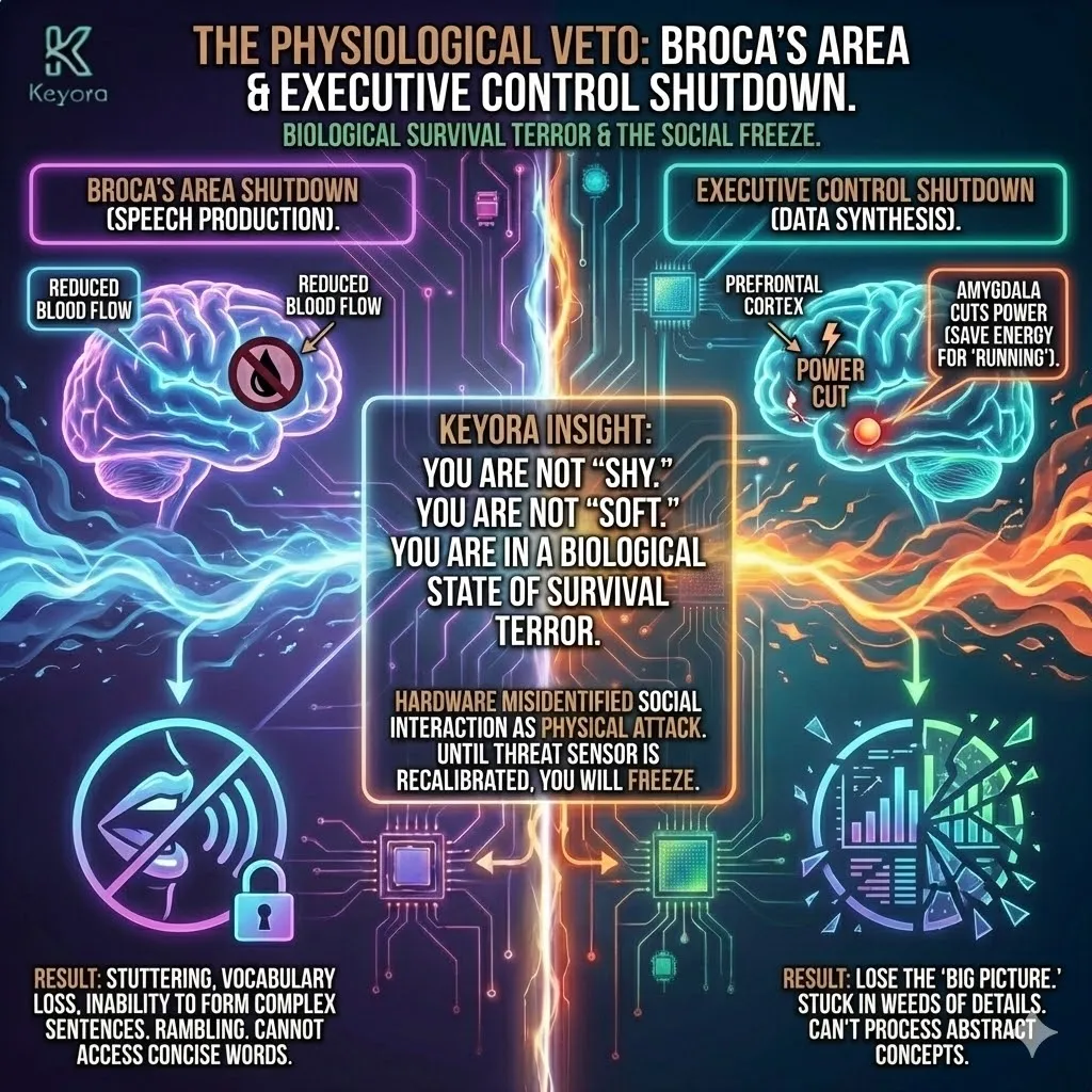 Technical 3D visual of the "Physiological Veto" and localized neural shutdown. The render maps the reduction of blood flow to Broca’s Area, illustrating the mechanical failure of articulation and the collapse of the summary-logic circuit. This layout renders the "Executive Center" in a low-power state, showing the transition from abstract synthesis to fragmented detail-dumping. The architecture captures the "Survival Terror" state as a structural misidentification of social stimuli, defining the "Freeze" as a biological priority shift from speech to physical defense. Technical 3D visual of the "Physiological Veto" and localized neural shutdown. The render maps the reduction of blood flow to Broca’s Area, illustrating the mechanical failure of articulation and the collapse of the summary-logic circuit. This layout renders the "Executive Center" in a low-power state, showing the transition from abstract synthesis to fragmented detail-dumping. The architecture captures the "Survival Terror" state as a structural misidentification of social stimuli, defining the "Freeze" as a biological priority shift from speech to physical defense.