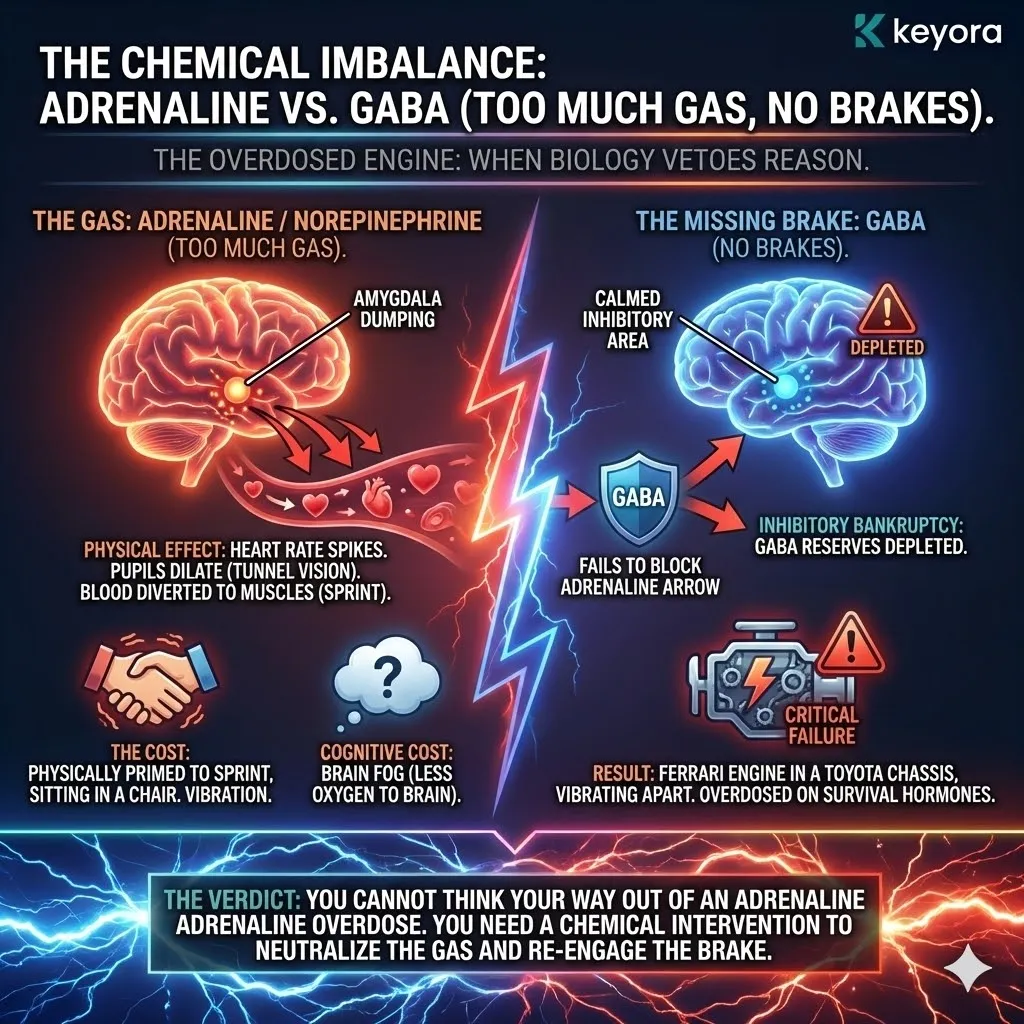 Technical 3D visual of the "Overdosed Engine" and the Adrenaline-GABA Imbalance. The render maps the high-voltage flood of Adrenaline (The Gas) saturating the neural architecture, while the GABA circuit (The Brake) remains in a state of Inhibitory Bankruptcy. This layout illustrates the physical "Vibration" and "Tunnel Vision" as metabolic costs of blood-flow diversion from the brain to the large muscle groups. The architecture renders the "Brain Fog" as a localized oxygen deficit, defining the Performance Freeze as a system vibrating apart under the pressure of un-dampened survival hormones. Technical 3D visual of the "Overdosed Engine" and the Adrenaline-GABA Imbalance. The render maps the high-voltage flood of Adrenaline (The Gas) saturating the neural architecture, while the GABA circuit (The Brake) remains in a state of Inhibitory Bankruptcy. This layout illustrates the physical "Vibration" and "Tunnel Vision" as metabolic costs of blood-flow diversion from the brain to the large muscle groups. The architecture renders the "Brain Fog" as a localized oxygen deficit, defining the Performance Freeze as a system vibrating apart under the pressure of un-dampened survival hormones.