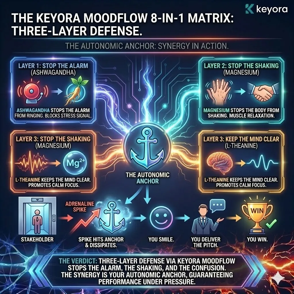 Technical 3D visual of "The Autonomic Anchor" in a high-stakes stakeholder encounter. The render maps the synergistic stabilization of the Ashwagandha-insulated HPA axis, the Magnesium-damped sympathetic firing, and the L-Theanine-driven Alpha Wave state. This architecture illustrates the transition from a "Sympathetic Veto" to "Somatic Command," where the executive maintains high-fidelity speech and eye contact despite the environmental pressure. The layout renders the "Anchor" as a biological dissipator of the adrenaline spike, defining the successful "Elevator Pitch" as a byproduct of hardware-level resilience. Technical 3D visual of "The Autonomic Anchor" in a high-stakes stakeholder encounter. The render maps the synergistic stabilization of the Ashwagandha-insulated HPA axis, the Magnesium-damped sympathetic firing, and the L-Theanine-driven Alpha Wave state. This architecture illustrates the transition from a "Sympathetic Veto" to "Somatic Command," where the executive maintains high-fidelity speech and eye contact despite the environmental pressure. The layout renders the "Anchor" as a biological dissipator of the adrenaline spike, defining the successful "Elevator Pitch" as a byproduct of hardware-level resilience.