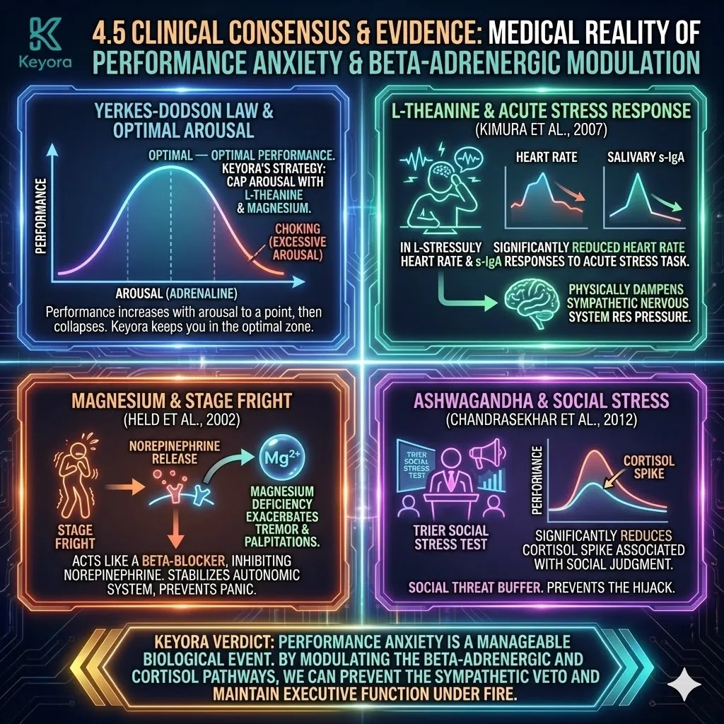 Technical 3D visual of "Adrenergic Modulation" and the Inverted-U Performance Curve. The render maps the architectural "Capping" of physiological arousal, where Magnesium and L-Theanine prevent the system from sliding into the "Performance Collapse" zone of the Yerkes-Dodson curve. This layout illustrates the Ashwagandha-mediated Cortisol Buffer during a social judgment event, rendering the transition from "Panic" to "Optimal Arousal." The architecture captures the dampening of heart rate and salivary stress markers, defining the executive state as a biologically stabilized "High-Performance Zone." Technical 3D visual of "Adrenergic Modulation" and the Inverted-U Performance Curve. The render maps the architectural "Capping" of physiological arousal, where Magnesium and L-Theanine prevent the system from sliding into the "Performance Collapse" zone of the Yerkes-Dodson curve. This layout illustrates the Ashwagandha-mediated Cortisol Buffer during a social judgment event, rendering the transition from "Panic" to "Optimal Arousal." The architecture captures the dampening of heart rate and salivary stress markers, defining the executive state as a biologically stabilized "High-Performance Zone."
