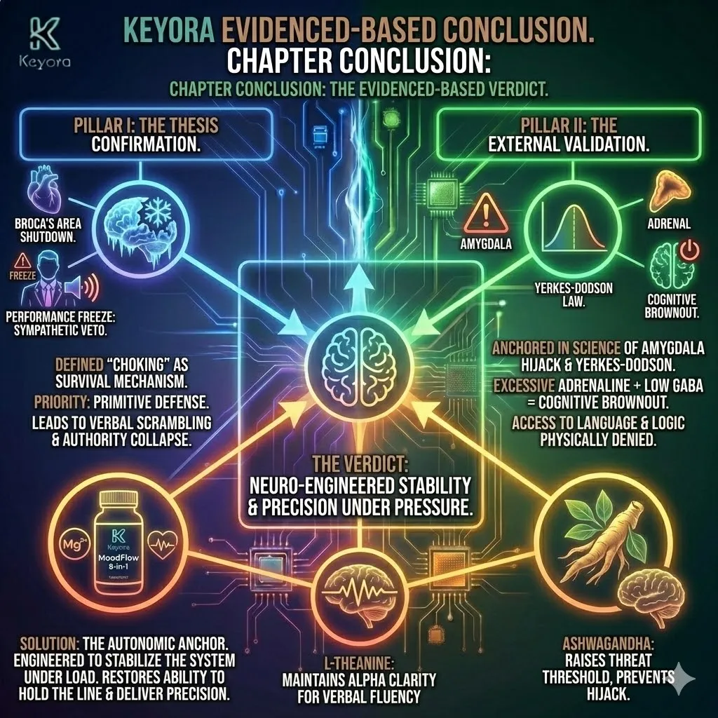 Technical 3D visual of the "Evidence-Based Verdict" on Performance Freeze. The render integrates the Three Pillars: The Performance Freeze (The Sympathetic Veto), External Validation (The Amygdala Hijack/Yerkes-Dodson Curve), and the Neuro-Engineering Solution (The Autonomic Anchor). The architecture maps the transition from a "Cognitive Brownout" to a stabilized "Command State." This layout renders the synergistic impact of Magnesium, L-Theanine, and Ashwagandha as they systematically insulate Broca’s Area and the Prefrontal Cortex, ensuring the "Elevator Pitch" circuitry remains illuminated under high-stakes social pressure. Technical 3D visual of the "Evidence-Based Verdict" on Performance Freeze. The render integrates the Three Pillars: The Performance Freeze (The Sympathetic Veto), External Validation (The Amygdala Hijack/Yerkes-Dodson Curve), and the Neuro-Engineering Solution (The Autonomic Anchor). The architecture maps the transition from a "Cognitive Brownout" to a stabilized "Command State." This layout renders the synergistic impact of Magnesium, L-Theanine, and Ashwagandha as they systematically insulate Broca’s Area and the Prefrontal Cortex, ensuring the "Elevator Pitch" circuitry remains illuminated under high-stakes social pressure.