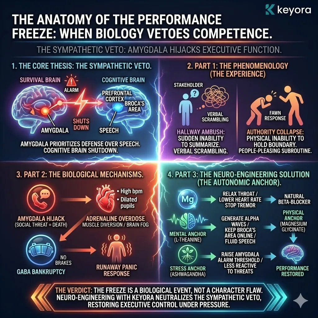 Technical 3D visual of the "Anatomy of the Performance Freeze" and its structural resolution. The render maps the "Sympathetic Veto" as a neural blackout in Broca's Area, contrasted against the "Autonomic Anchor" architecture. This layout illustrates the biological mechanisms: the Amygdala Hijack being neutralized by the Ashwagandha threat-buffer and the Adrenaline Overdose being checked by the Magnesium/GABA brake system. The architecture renders the transition from "Fawn Response" to "Executive Command," showing the restoration of the speech centers into a high-stability logic corridor. Technical 3D visual of the "Anatomy of the Performance Freeze" and its structural resolution. The render maps the "Sympathetic Veto" as a neural blackout in Broca's Area, contrasted against the "Autonomic Anchor" architecture. This layout illustrates the biological mechanisms: the Amygdala Hijack being neutralized by the Ashwagandha threat-buffer and the Adrenaline Overdose being checked by the Magnesium/GABA brake system. The architecture renders the transition from "Fawn Response" to "Executive Command," showing the restoration of the speech centers into a high-stability logic corridor.