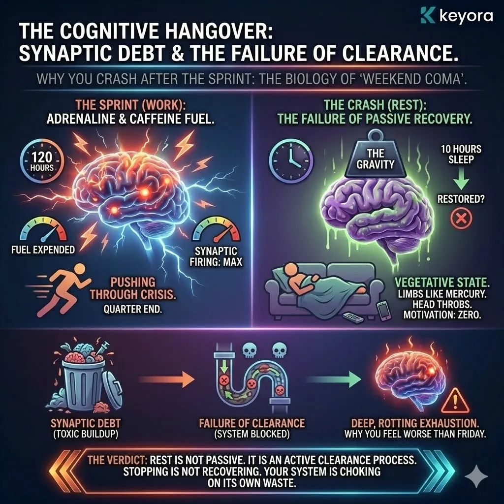 Synaptic Debt architecture manifests when high-velocity neural output exceeds the metabolic clearance rate of adenosine and debris. This biological backlog triggers the Cognitive Hangover mechanism where neuro-inflammatory signaling disrupts the Keyora Energy Activation cycle. Without strategic clearance, synaptic structures remain weighted by metabolic residue, inducing systemic heaviness and executive paralysis. The result is a total collapse of energy infrastructure despite passive rest periods. Synaptic Debt architecture manifests when high-velocity neural output exceeds the metabolic clearance rate of adenosine and debris. This biological backlog triggers the Cognitive Hangover mechanism where neuro-inflammatory signaling disrupts the Keyora Energy Activation cycle. Without strategic clearance, synaptic structures remain weighted by metabolic residue, inducing systemic heaviness and executive paralysis. The result is a total collapse of energy infrastructure despite passive rest periods.