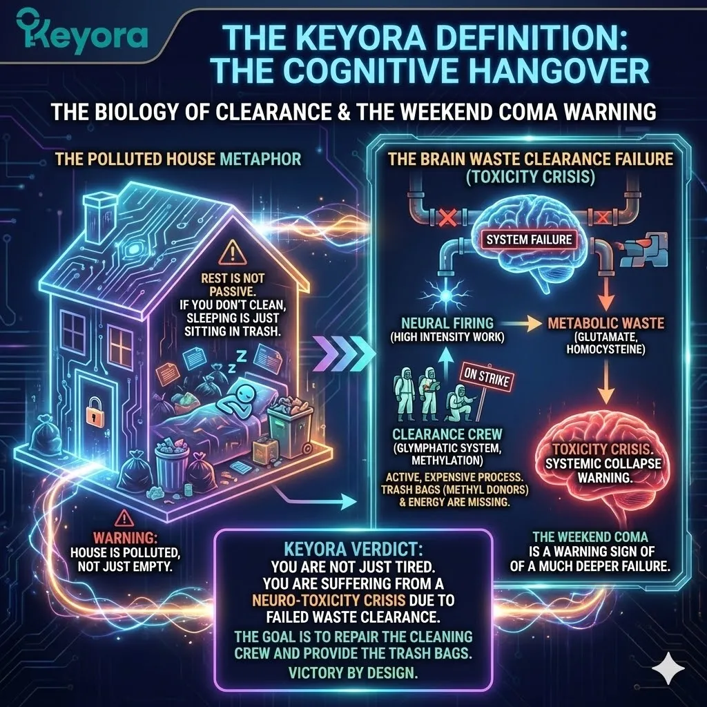 The Cognitive Hangover mechanism results from a systemic failure in the glymphatic clearance architecture during high-intensity neural firing. When metabolic byproduct accumulation exceeds the rate of waste removal, synaptic structures experience toxic load rather than simple depletion. This failure in active biological scrubbing disrupts the Keyora Energy Activation protocol, leading to post-work fatigue where synaptic debt prevents re-engagement of executive functions. The Cognitive Hangover mechanism results from a systemic failure in the glymphatic clearance architecture during high-intensity neural firing. When metabolic byproduct accumulation exceeds the rate of waste removal, synaptic structures experience toxic load rather than simple depletion. This failure in active biological scrubbing disrupts the Keyora Energy Activation protocol, leading to post-work fatigue where synaptic debt prevents re-engagement of executive functions.