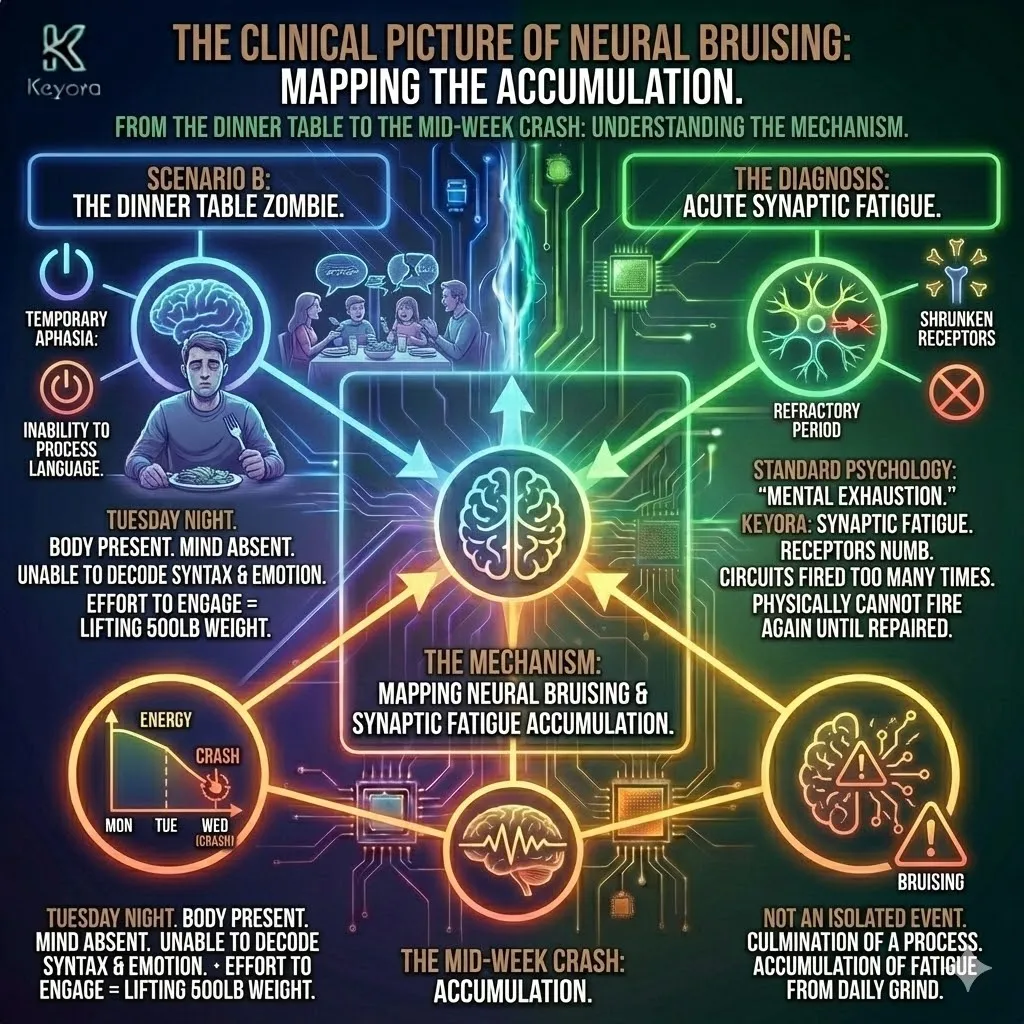 Synaptic Fatigue architecture represents the acute numbness of neural receptors following prolonged high-intensity circuit activation. This mechanism induces temporary cognitive aphasia as neurotransmitter flux reaches a refractory state, preventing the decoding of complex linguistic and emotional data. Within the Keyora framework, this neural bruising indicates a systemic shutdown where the synaptic interface physically resists further signaling until metabolic repair protocols are initiated. Synaptic Fatigue architecture represents the acute numbness of neural receptors following prolonged high-intensity circuit activation. This mechanism induces temporary cognitive aphasia as neurotransmitter flux reaches a refractory state, preventing the decoding of complex linguistic and emotional data. Within the Keyora framework, this neural bruising indicates a systemic shutdown where the synaptic interface physically resists further signaling until metabolic repair protocols are initiated.