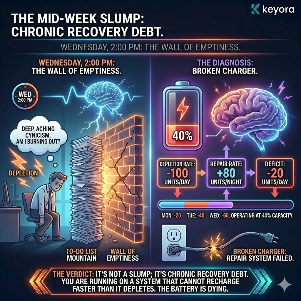 Recovery Debt architecture identifies the systemic delta between high-velocity depletion and sub-optimal nocturnal repair protocols. This mechanism triggers chronic synaptic insolvency as the Keyora metabolic engine fails to bridge the daily units deficit, leading to a profound collapse of executive capacity by mid-cycle. The resulting neuro-cynicism and executive paralysis are biological markers of a broken charging infrastructure where the repair rate cannot offset cumulative synaptic load. Recovery Debt architecture identifies the systemic delta between high-velocity depletion and sub-optimal nocturnal repair protocols. This mechanism triggers chronic synaptic insolvency as the Keyora metabolic engine fails to bridge the daily units deficit, leading to a profound collapse of executive capacity by mid-cycle. The resulting neuro-cynicism and executive paralysis are biological markers of a broken charging infrastructure where the repair rate cannot offset cumulative synaptic load.