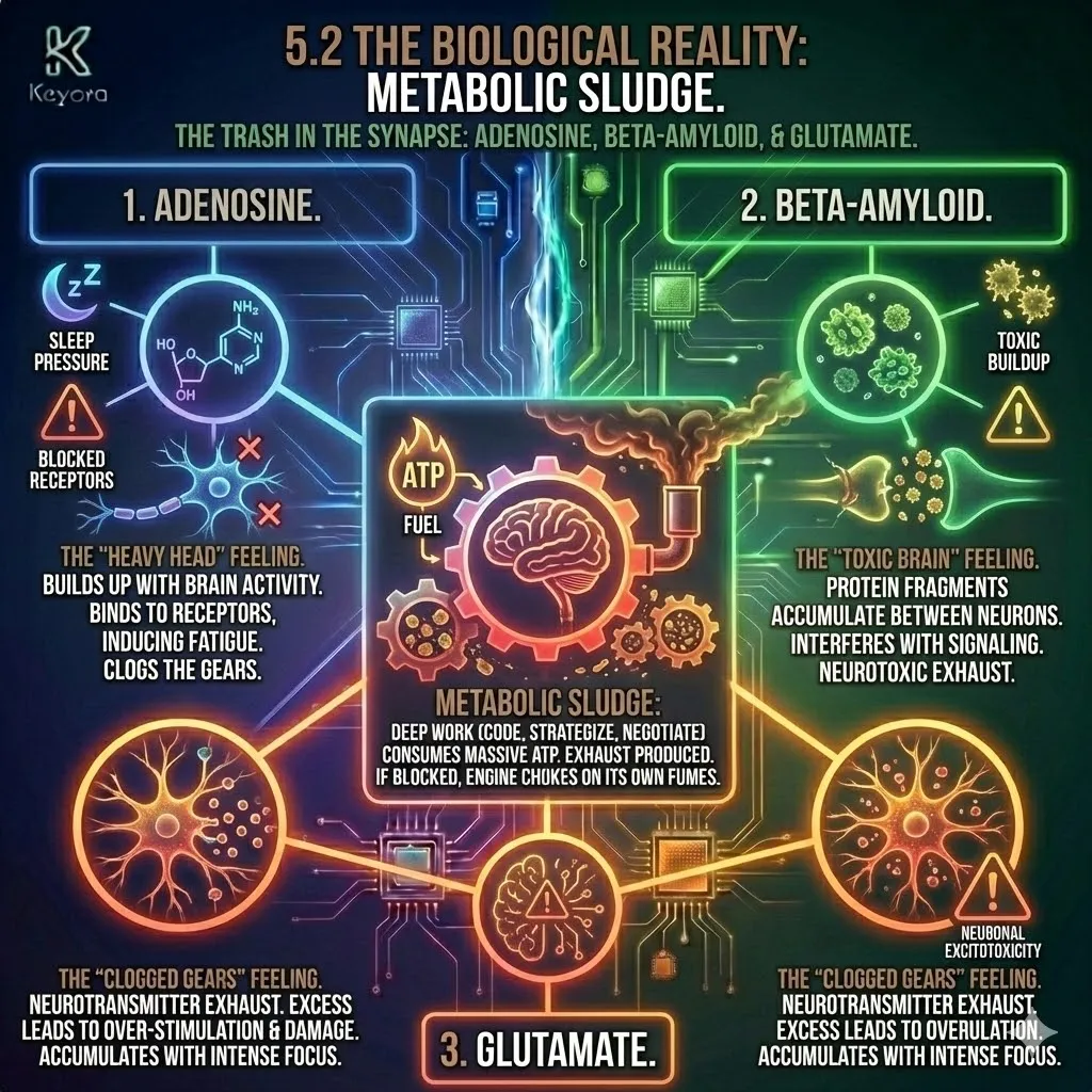 Metabolic Sludge architecture identifies the biochemical accumulation of ATP byproducts within the synaptic cleft during peak cognitive expenditure. This mechanism involves the concentration of adenosine, beta-amyloid, and glutamate, creating a neural exhaust that chokes the Keyora Energy Activation pathway. The resulting metabolic congestion acts as a biological obstruction, forcing neurons to operate in a high-toxicity environment where excessive signaling debris prevents clear synaptic transmission and systemic recovery. Metabolic Sludge architecture identifies the biochemical accumulation of ATP byproducts within the synaptic cleft during peak cognitive expenditure. This mechanism involves the concentration of adenosine, beta-amyloid, and glutamate, creating a neural exhaust that chokes the Keyora Energy Activation pathway. The resulting metabolic congestion acts as a biological obstruction, forcing neurons to operate in a high-toxicity environment where excessive signaling debris prevents clear synaptic transmission and systemic recovery.