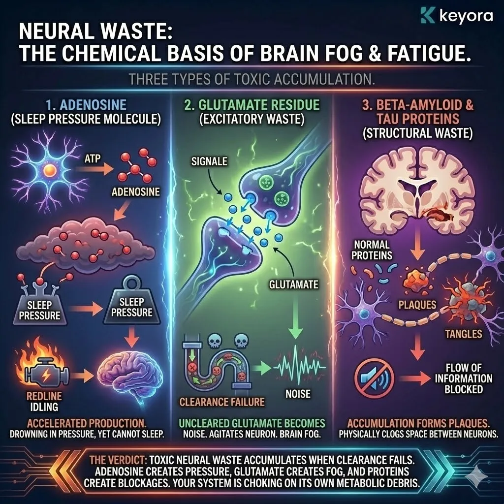 Metabolic Sludge architecture is defined by the accumulation of Adenosine, Glutamate residue, and Beta-Amyloid proteins within the neural interface. This mechanism triggers Sleep Pressure as Adenosine binds to receptors, while uncleared Glutamate induces high-frequency Noise leading to Brain Fog. Structural protein fragments physically obstruct synaptic signaling, disrupting the Keyora Energy Activation protocol and resulting in a congested biological environment where Redline Idling prevents clear cognitive transmission. Metabolic Sludge architecture is defined by the accumulation of Adenosine, Glutamate residue, and Beta-Amyloid proteins within the neural interface. This mechanism triggers Sleep Pressure as Adenosine binds to receptors, while uncleared Glutamate induces high-frequency Noise leading to Brain Fog. Structural protein fragments physically obstruct synaptic signaling, disrupting the Keyora Energy Activation protocol and resulting in a congested biological environment where Redline Idling prevents clear cognitive transmission.