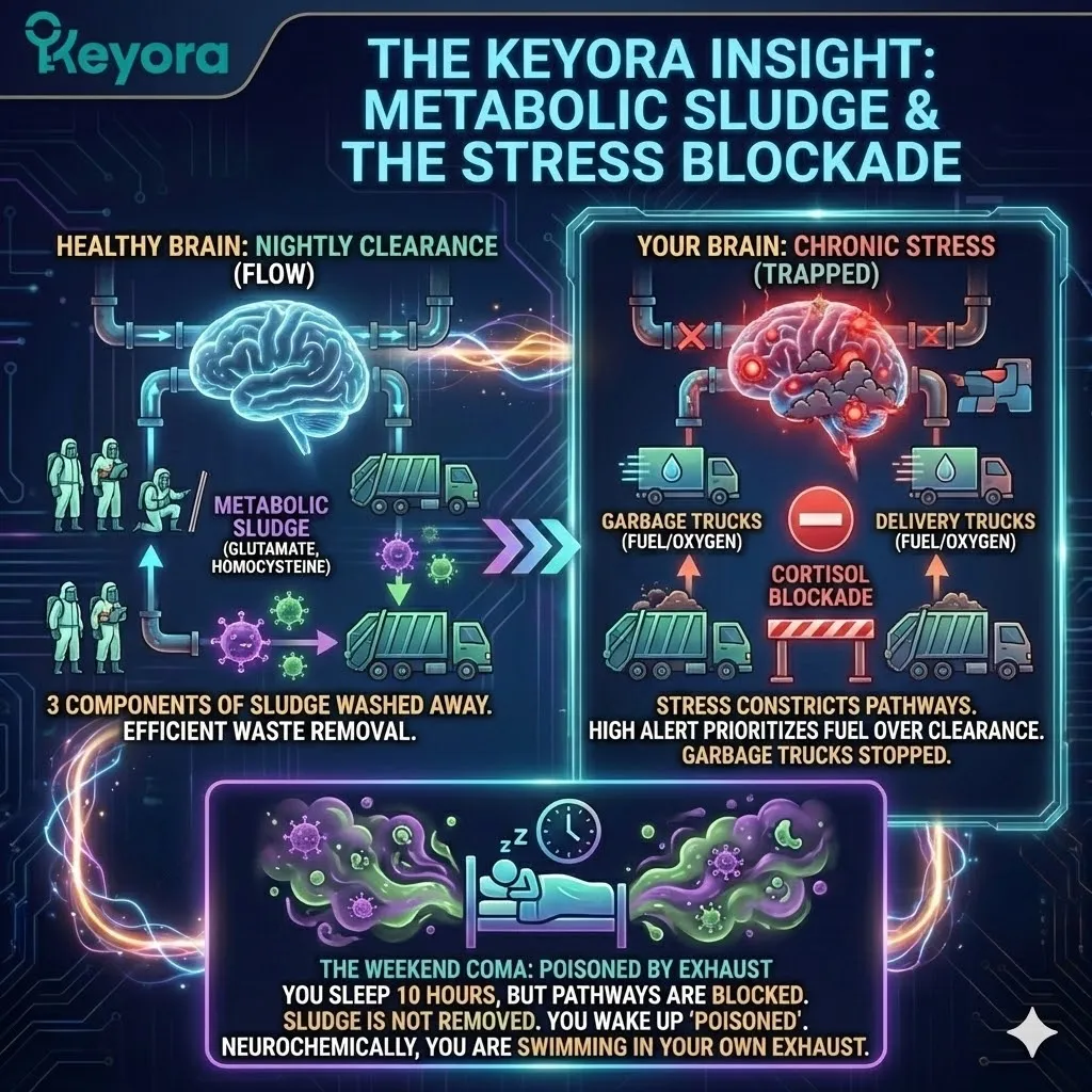 Metabolic Sludge entrapment architecture occurs when chronic cortisol elevation constricts the glymphatic clearance pathways. This mechanism prioritizes oxygenated blood flow over waste removal, stalling the garbage truck protocol of the brain. Within the Keyora framework, this leads to systemic neurochemical poisoning where metabolic byproducts remain stagnant despite sleep. The resulting biological congestion prevents Energy Activation as the neural environment remains saturated with uncleared exhaust. Metabolic Sludge entrapment architecture occurs when chronic cortisol elevation constricts the glymphatic clearance pathways. This mechanism prioritizes oxygenated blood flow over waste removal, stalling the garbage truck protocol of the brain. Within the Keyora framework, this leads to systemic neurochemical poisoning where metabolic byproducts remain stagnant despite sleep. The resulting biological congestion prevents Energy Activation as the neural environment remains saturated with uncleared exhaust.