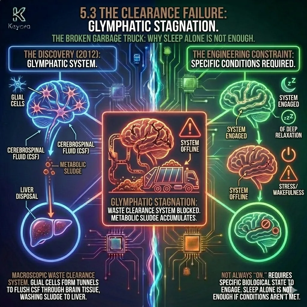 Glymphatic Stagnation architecture involves the failure of the glial-mediated waste clearance system during high-velocity neural demand. This mechanism requires the expansion of extracellular tunnels for cerebrospinal fluid flushing, a process regulated by the support staff of glial cells. Under stress-induced constriction, these clearance tunnels remain collapsed, trapping metabolic sludge. The Keyora Energy Activation protocol is thus obstructed as the brain’s biological sewage system fails to engage, preventing the active removal of neuro-toxic debris. Glymphatic Stagnation architecture involves the failure of the glial-mediated waste clearance system during high-velocity neural demand. This mechanism requires the expansion of extracellular tunnels for cerebrospinal fluid flushing, a process regulated by the support staff of glial cells. Under stress-induced constriction, these clearance tunnels remain collapsed, trapping metabolic sludge. The Keyora Energy Activation protocol is thus obstructed as the brain’s biological sewage system fails to engage, preventing the active removal of neuro-toxic debris.