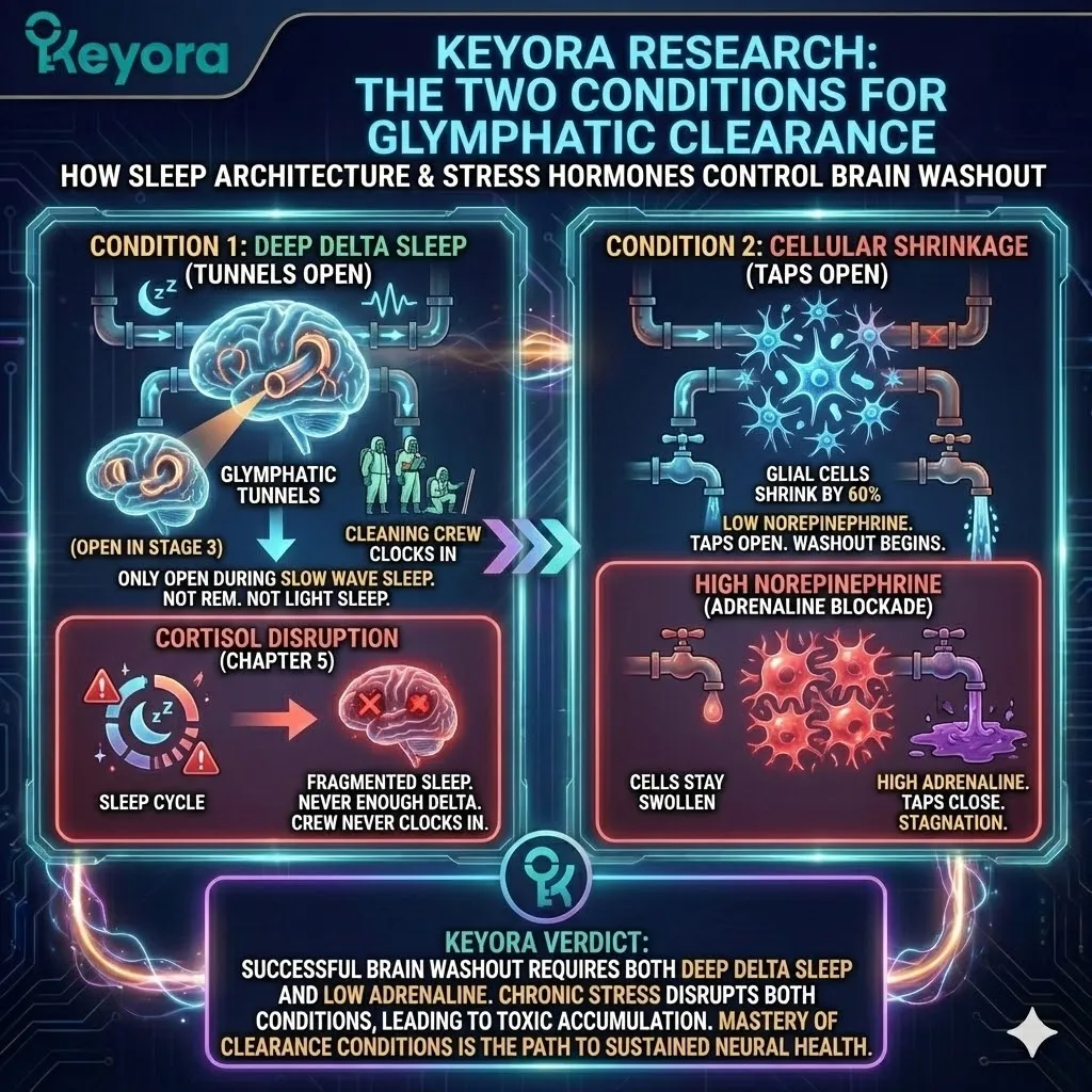 Glymphatic clearance architecture is governed by the systemic dilation of neural tunnels during Deep Delta Sleep and the physical shrinkage of glial cells. This mechanism requires a significant reduction in norepinephrine to trigger the sixty percent cellular contraction necessary for cerebrospinal fluid flow. In the Keyora framework, high adrenaline levels prevent this structural shrinkage, closing the metabolic taps and ensuring stagnation where the cleaning crew remains biologically unable to engage the waste washout protocol. Glymphatic clearance architecture is governed by the systemic dilation of neural tunnels during Deep Delta Sleep and the physical shrinkage of glial cells. This mechanism requires a significant reduction in norepinephrine to trigger the sixty percent cellular contraction necessary for cerebrospinal fluid flow. In the Keyora framework, high adrenaline levels prevent this structural shrinkage, closing the metabolic taps and ensuring stagnation where the cleaning crew remains biologically unable to engage the waste washout protocol.