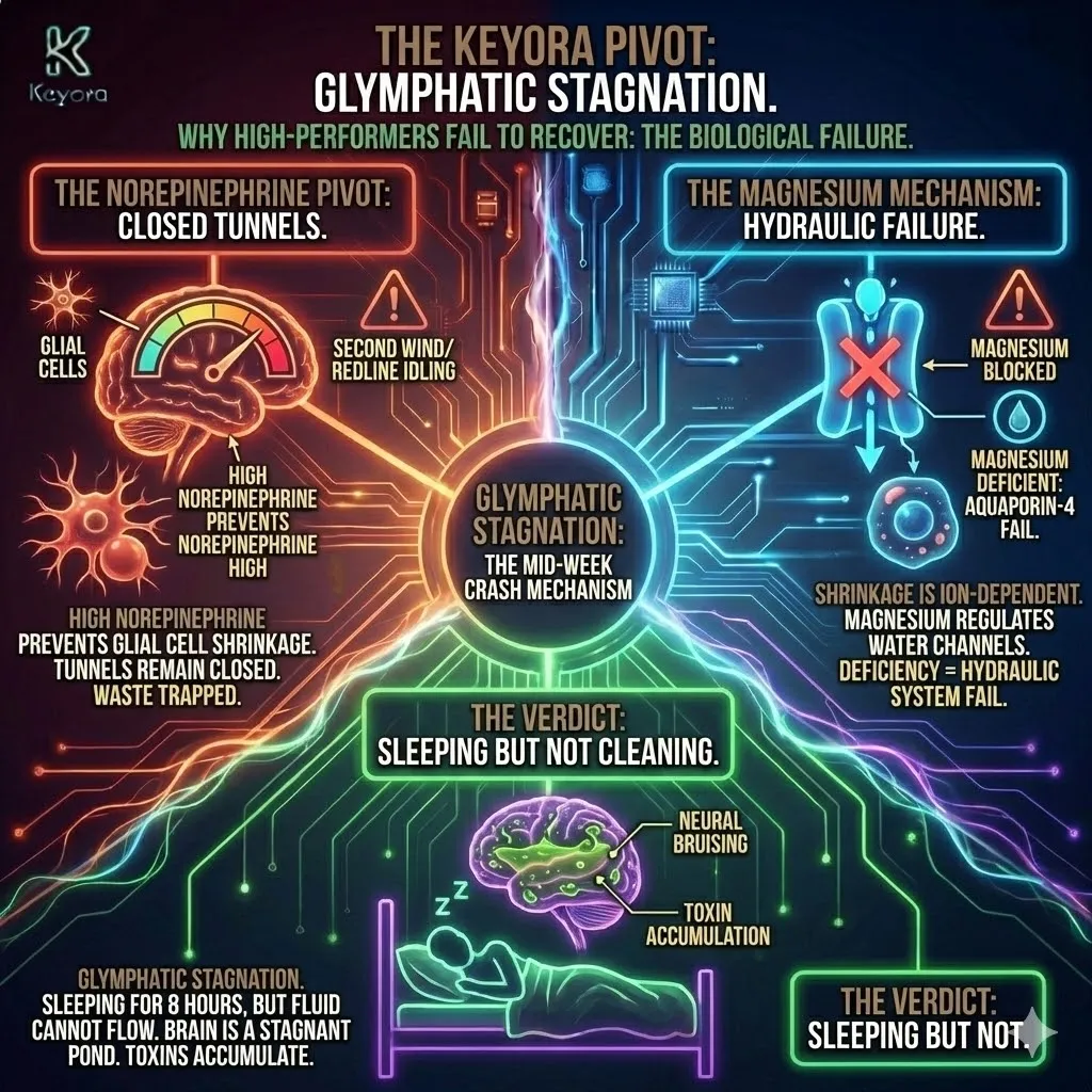 Glymphatic Stagnation architecture occurs when elevated norepinephrine prevents the sixty percent glial cell shrinkage required for waste flushing. This mechanism inhibits the Keyora Energy Activation cycle because the aquaporin-4 water channels remain inactive due to magnesium deficiency. Without this ion-dependent hydraulic contraction, cerebrospinal fluid cannot flow through the synaptic interface. The resulting metabolic stagnation traps toxins within the neural tissue, transforming sleep into a passive state of biological congestion. Glymphatic Stagnation architecture occurs when elevated norepinephrine prevents the sixty percent glial cell shrinkage required for waste flushing. This mechanism inhibits the Keyora Energy Activation cycle because the aquaporin-4 water channels remain inactive due to magnesium deficiency. Without this ion-dependent hydraulic contraction, cerebrospinal fluid cannot flow through the synaptic interface. The resulting metabolic stagnation traps toxins within the neural tissue, transforming sleep into a passive state of biological congestion.