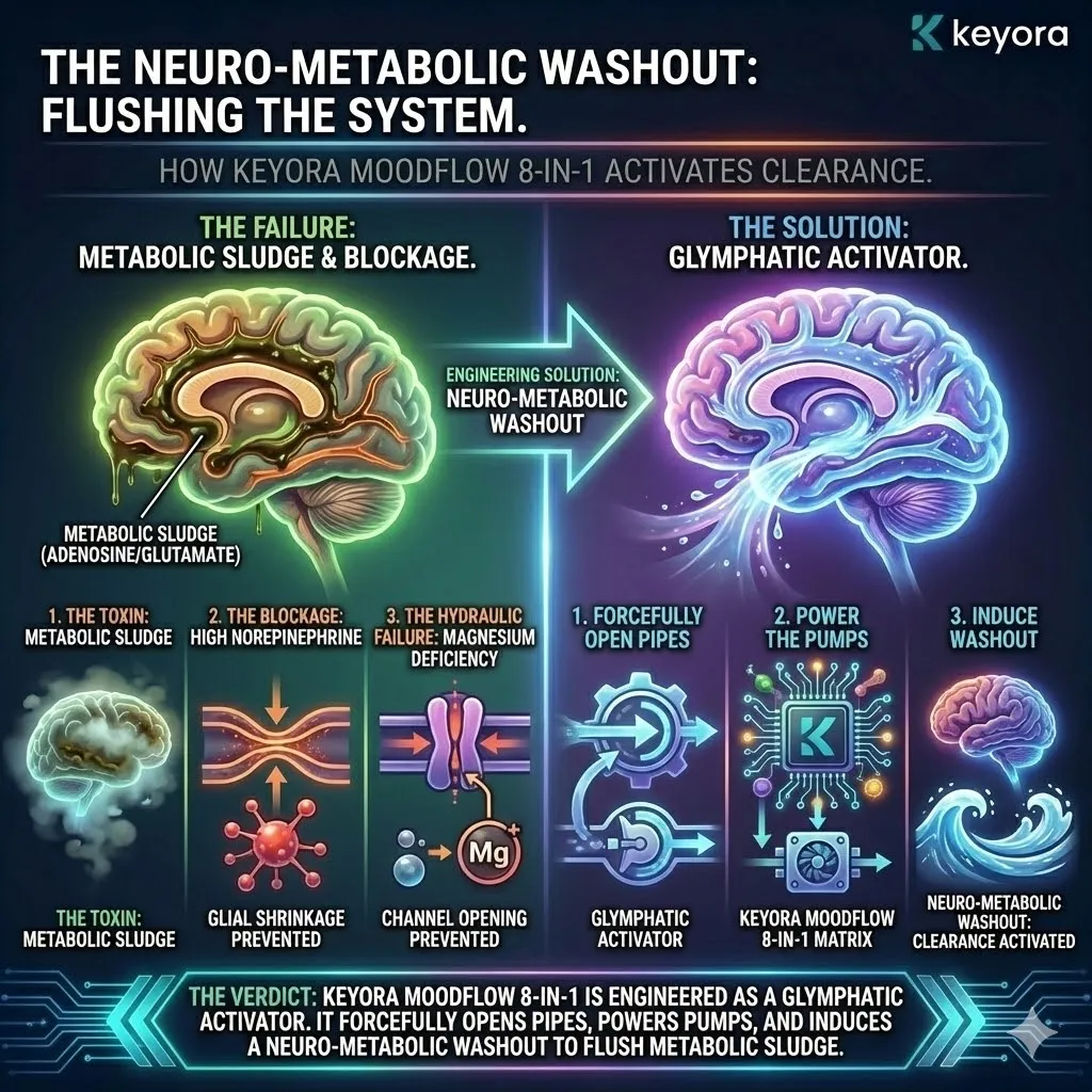 Neuro-Metabolic Washout architecture utilizes the Keyora MoodFlow 8-in-1 Matrix to forcefully re-engage glymphatic clearance protocols. This mechanism works by suppressing norepinephrine to trigger glial cell shrinkage while simultaneously providing ion-dependent support to aquaporin-4 water channels. By clearing the metabolic sludge of adenosine and glutamate, this strategic intervention restores the synaptic interface and reactivates the Energy Activation pathway. The result is a systemic flush that transitions the neural environment from stagnation to metabolic fluidity. Neuro-Metabolic Washout architecture utilizes the Keyora MoodFlow 8-in-1 Matrix to forcefully re-engage glymphatic clearance protocols. This mechanism works by suppressing norepinephrine to trigger glial cell shrinkage while simultaneously providing ion-dependent support to aquaporin-4 water channels. By clearing the metabolic sludge of adenosine and glutamate, this strategic intervention restores the synaptic interface and reactivates the Energy Activation pathway. The result is a systemic flush that transitions the neural environment from stagnation to metabolic fluidity.