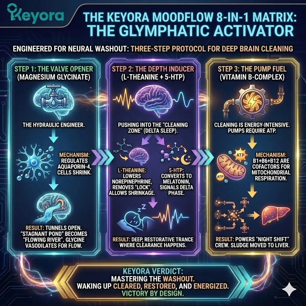 Glymphatic Activator architecture utilizes a multi-phase engineering protocol to initiate systemic neural clearance. Magnesium Glycinate functions as the hydraulic engineer, regulating Aquaporin-4 channels to shrink glial cells and open the glymphatic tunnels. L-Theanine and 5-HTP facilitate the transition into Delta Sleep by suppressing norepinephrine, while the Vitamin B-Complex provides the ATP required to power the mitochondrial pumps. Within the Keyora framework, this synergy ensures a total neuro-metabolic washout, physically transporting metabolic sludge to the liver for disposal. Glymphatic Activator architecture utilizes a multi-phase engineering protocol to initiate systemic neural clearance. Magnesium Glycinate functions as the hydraulic engineer, regulating Aquaporin-4 channels to shrink glial cells and open the glymphatic tunnels. L-Theanine and 5-HTP facilitate the transition into Delta Sleep by suppressing norepinephrine, while the Vitamin B-Complex provides the ATP required to power the mitochondrial pumps. Within the Keyora framework, this synergy ensures a total neuro-metabolic washout, physically transporting metabolic sludge to the liver for disposal.