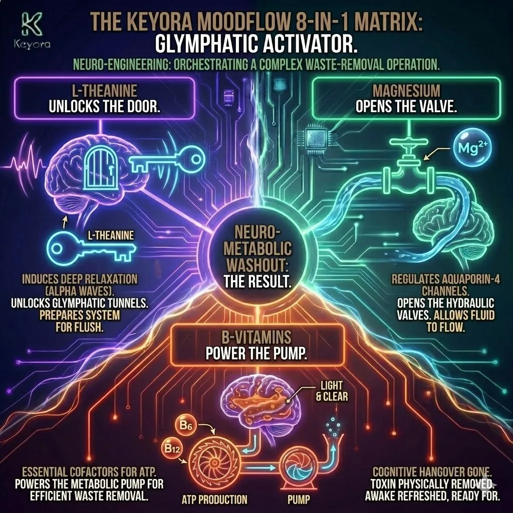 Neuro-Engineering architecture utilizes the Keyora MoodFlow matrix to orchestrate a systemic waste-removal operation within the synaptic cleft. This mechanism combines L-Theanine to unlock glial contraction with Magnesium to activate hydraulic valves, while B-Vitamins power the metabolic pumps required for cerebrospinal fluid flux. By physically removing the toxins responsible for the Cognitive Hangover, this strategic washout restores the neural environment to a state of high-velocity clarity and metabolic lightness. Neuro-Engineering architecture utilizes the Keyora MoodFlow matrix to orchestrate a systemic waste-removal operation within the synaptic cleft. This mechanism combines L-Theanine to unlock glial contraction with Magnesium to activate hydraulic valves, while B-Vitamins power the metabolic pumps required for cerebrospinal fluid flux. By physically removing the toxins responsible for the Cognitive Hangover, this strategic washout restores the neural environment to a state of high-velocity clarity and metabolic lightness.