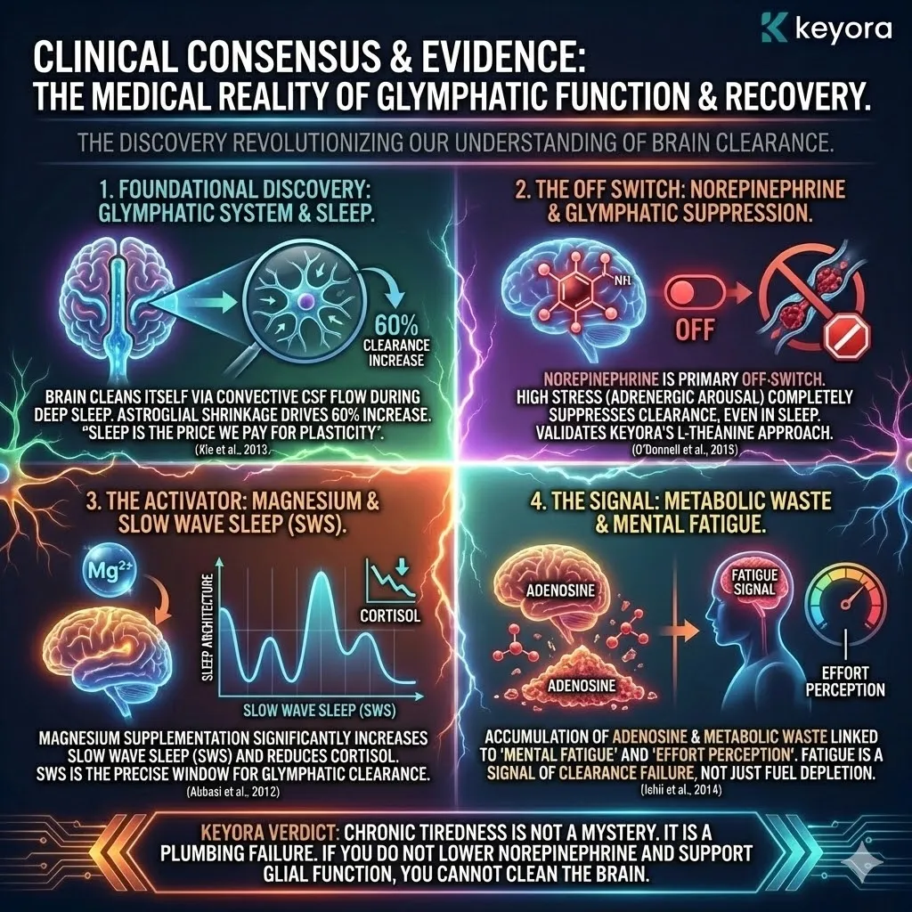 Glymphatic Function architecture confirms that neural clearance is a convective process driven by cerebrospinal fluid flow during deep sleep phases. This mechanism requires the reduction of norepinephrine, the primary inhibitory switch that suppresses the glymphatic system during periods of high adrenergic arousal. By utilizing the Keyora protocol to lower stress markers and optimize magnesium levels, the hydraulic shrinkage of astroglial cells is re-engaged. This scientific synthesis validates that mental fatigue is a clinical indicator of clearance failure and metabolic waste accumulation rather than simple fuel depletion. Glymphatic Function architecture confirms that neural clearance is a convective process driven by cerebrospinal fluid flow during deep sleep phases. This mechanism requires the reduction of norepinephrine, the primary inhibitory switch that suppresses the glymphatic system during periods of high adrenergic arousal. By utilizing the Keyora protocol to lower stress markers and optimize magnesium levels, the hydraulic shrinkage of astroglial cells is re-engaged. This scientific synthesis validates that mental fatigue is a clinical indicator of clearance failure and metabolic waste accumulation rather than simple fuel depletion.