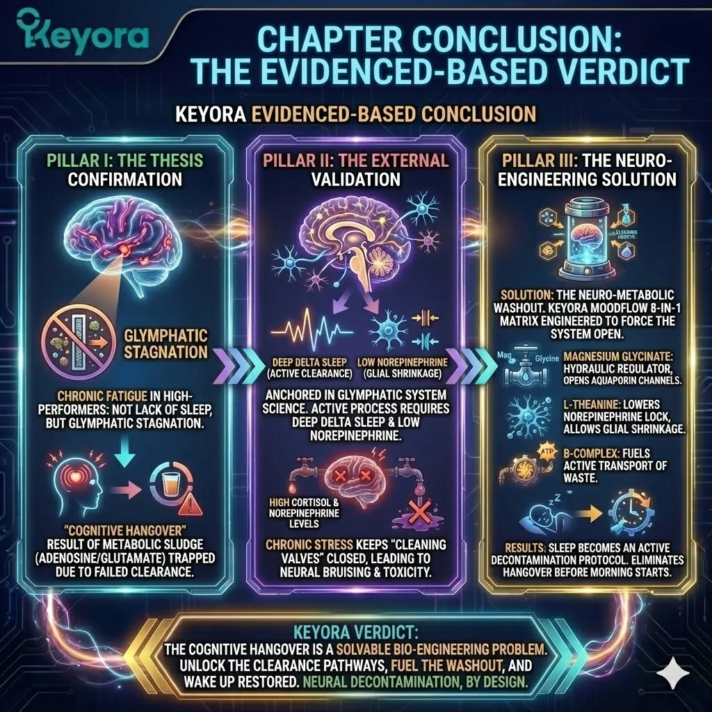 Glymphatic Stagnation architecture identifies the Cognitive Hangover as a systemic accumulation of metabolic sludge within neural tissue. This mechanism occurs when chronic stress triggers a norepinephrine lock, preventing the glial shrinkage required for cerebrospinal fluid flux. The Keyora Neuro-Metabolic Washout utilizes Magnesium Glycinate as a hydraulic regulator and L-Theanine to unlock the glymphatic valves, transforming passive sleep into an active decontamination protocol. This strategic engineering restores the synaptic environment by physically removing adenosine and glutamate debris. Glymphatic Stagnation architecture identifies the Cognitive Hangover as a systemic accumulation of metabolic sludge within neural tissue. This mechanism occurs when chronic stress triggers a norepinephrine lock, preventing the glial shrinkage required for cerebrospinal fluid flux. The Keyora Neuro-Metabolic Washout utilizes Magnesium Glycinate as a hydraulic regulator and L-Theanine to unlock the glymphatic valves, transforming passive sleep into an active decontamination protocol. This strategic engineering restores the synaptic environment by physically removing adenosine and glutamate debris.