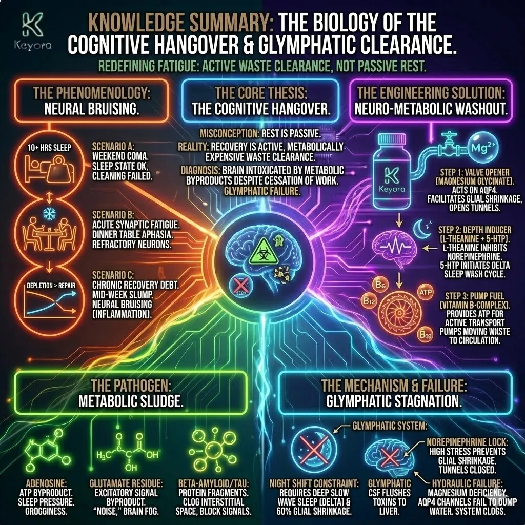 Glymphatic System architecture defines the Neuro-Metabolic Washout as an active convective process occurring within the brain interstitial space. This mechanism involves the physical sixty percent shrinkage of glial cells to facilitate cerebrospinal fluid flux, a state mediated by the suppression of norepinephrine and the activation of Aquaporin-4 water channels. Within the Keyora framework, this clearance protocol removes metabolic sludge including adenosine and glutamate, resolving the Cognitive Hangover. By providing Magnesium Glycinate and the Vitamin B-Complex, the system powers the hydraulic pumps necessary for systemic detoxification and neural recovery. Glymphatic System architecture defines the Neuro-Metabolic Washout as an active convective process occurring within the brain interstitial space. This mechanism involves the physical sixty percent shrinkage of glial cells to facilitate cerebrospinal fluid flux, a state mediated by the suppression of norepinephrine and the activation of Aquaporin-4 water channels. Within the Keyora framework, this clearance protocol removes metabolic sludge including adenosine and glutamate, resolving the Cognitive Hangover. By providing Magnesium Glycinate and the Vitamin B-Complex, the system powers the hydraulic pumps necessary for systemic detoxification and neural recovery.