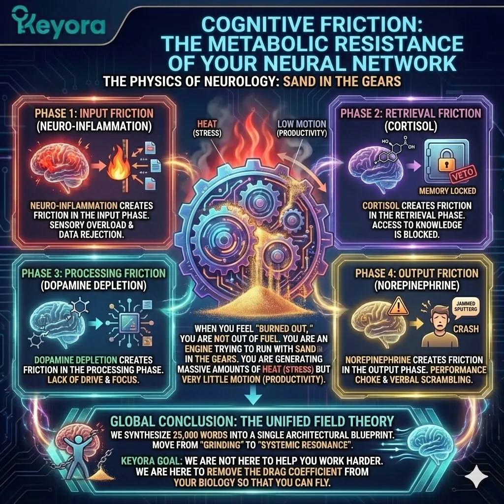 Cognitive Friction architecture defines metabolic resistance as the primary drag coefficient within the neural network, manifesting as neuro-inflammation, cortisol-induced retrieval failure, and dopamine depletion. This mechanism creates a systemic state where high-intensity effort produces excessive biological heat without linear productivity output. By implementing the Keyora Unified Field Theory, the biological infrastructure undergoes a transition from mechanical grinding to systemic resonance. This optimization removes the metabolic sand from the gears, allowing the cognitive hardware to operate at peak velocity with minimal internal friction. Cognitive Friction architecture defines metabolic resistance as the primary drag coefficient within the neural network, manifesting as neuro-inflammation, cortisol-induced retrieval failure, and dopamine depletion. This mechanism creates a systemic state where high-intensity effort produces excessive biological heat without linear productivity output. By implementing the Keyora Unified Field Theory, the biological infrastructure undergoes a transition from mechanical grinding to systemic resonance. This optimization removes the metabolic sand from the gears, allowing the cognitive hardware to operate at peak velocity with minimal internal friction.