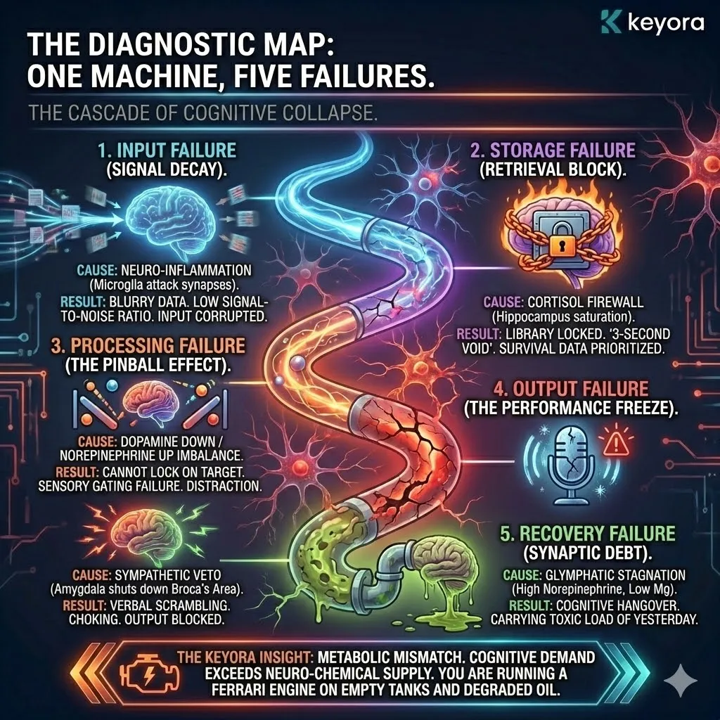 Cognitive Collapse architecture maps the systemic cascade of failure across five strategic checkpoints within the neural processing machine. This mechanism initiates with Input Failure due to microglial inflammation, progresses through Storage Failure via the Cortisol Firewall, and triggers Processing Failure through Dopamine-Norepinephrine imbalance. The cascade culminates in Output Failure via the Sympathetic Veto and Recovery Failure through Glymphatic Stagnation. Within the Keyora framework, this sequence represents a profound Metabolic Mismatch where cumulative synaptic debt prevents the transition from high-intensity expenditure to physiological resonance. Cognitive Collapse architecture maps the systemic cascade of failure across five strategic checkpoints within the neural processing machine. This mechanism initiates with Input Failure due to microglial inflammation, progresses through Storage Failure via the Cortisol Firewall, and triggers Processing Failure through Dopamine-Norepinephrine imbalance. The cascade culminates in Output Failure via the Sympathetic Veto and Recovery Failure through Glymphatic Stagnation. Within the Keyora framework, this sequence represents a profound Metabolic Mismatch where cumulative synaptic debt prevents the transition from high-intensity expenditure to physiological resonance.