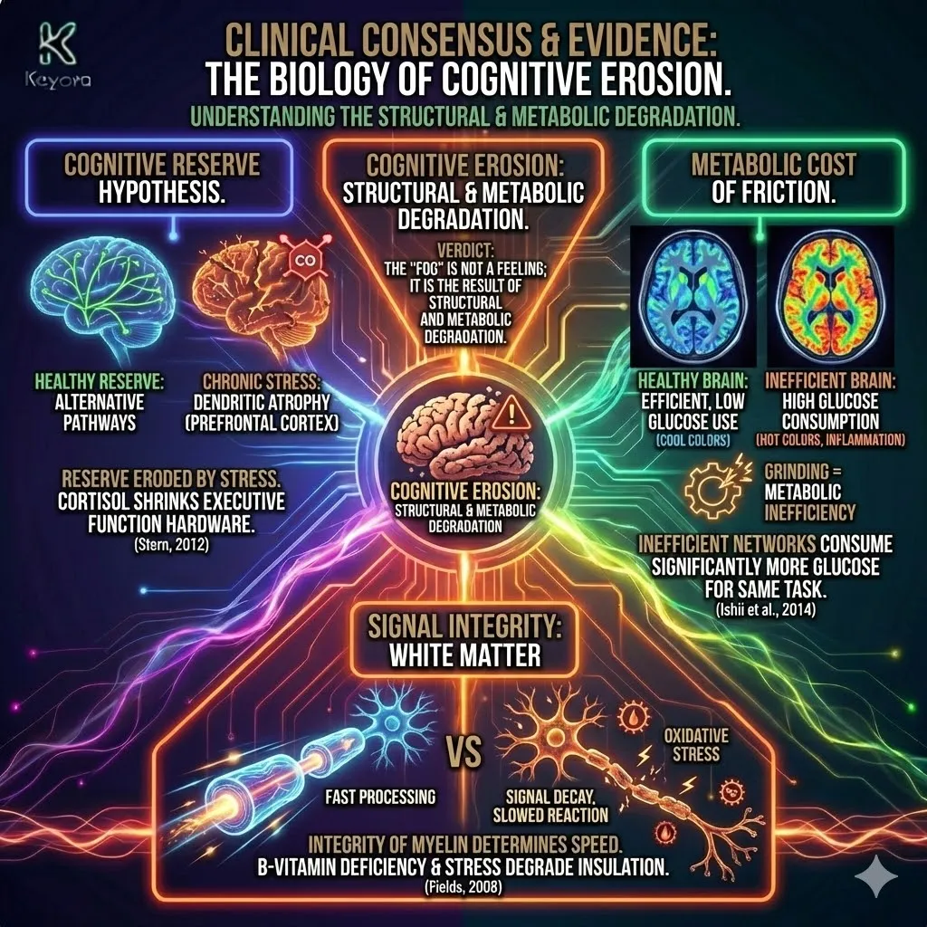 Cognitive Erosion architecture describes the structural and metabolic degradation of neural hardware under chronic stress. This mechanism involves dendritic atrophy in the prefrontal cortex, which depletes the Cognitive Reserve and forces inefficient neural networks to consume excessive glucose for routine executive tasks. Within the Keyora framework, this metabolic grinding is exacerbated by the degradation of white matter integrity due to oxidative stress and nutrient deficiency. The resulting systemic friction manifests as Signal Decay, where the physical loss of myelin insulation leads to measurable processing delays and a collapse of signal resolution. Cognitive Erosion architecture describes the structural and metabolic degradation of neural hardware under chronic stress. This mechanism involves dendritic atrophy in the prefrontal cortex, which depletes the Cognitive Reserve and forces inefficient neural networks to consume excessive glucose for routine executive tasks. Within the Keyora framework, this metabolic grinding is exacerbated by the degradation of white matter integrity due to oxidative stress and nutrient deficiency. The resulting systemic friction manifests as Signal Decay, where the physical loss of myelin insulation leads to measurable processing delays and a collapse of signal resolution.