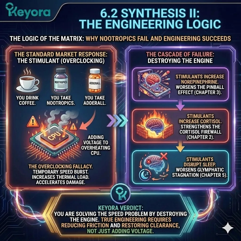 The Overclocking Fallacy architecture identifies the systemic failure of stimulants to resolve cognitive collapse. This mechanism increases norepinephrine and cortisol levels, which strengthens the Cortisol Firewall and exacerbates the Pinball Effect of distraction. Within the Keyora framework, adding chemical voltage to a throttled neural network increases the thermal load and induces systemic overheating. Rather than fixing the underlying capability problem, stimulants disrupt glymphatic clearance and accelerate structural damage, solving for temporary speed by destroying the long-term integrity of the metabolic engine. The Overclocking Fallacy architecture identifies the systemic failure of stimulants to resolve cognitive collapse. This mechanism increases norepinephrine and cortisol levels, which strengthens the Cortisol Firewall and exacerbates the Pinball Effect of distraction. Within the Keyora framework, adding chemical voltage to a throttled neural network increases the thermal load and induces systemic overheating. Rather than fixing the underlying capability problem, stimulants disrupt glymphatic clearance and accelerate structural damage, solving for temporary speed by destroying the long-term integrity of the metabolic engine.