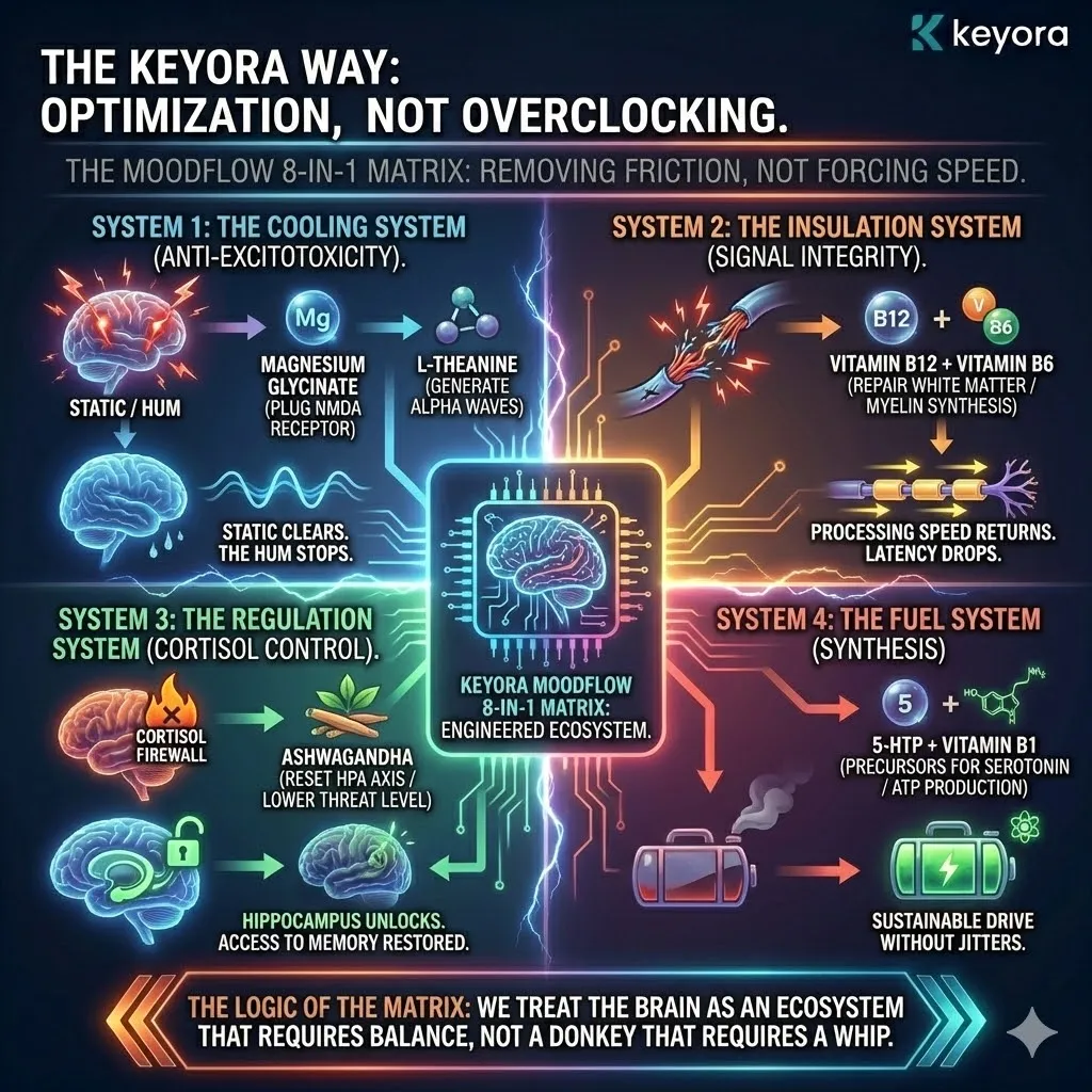 Optimization architecture utilizes the Keyora MoodFlow 8-in-1 Matrix to remove systemic friction rather than forcing neural overclocking. This mechanism implements a four-stage engineering protocol: Magnesium and L-Theanine act as the Cooling System to stop anti-excitotoxicity, while B-Vitamins serve as the Insulation System for myelin repair. Ashwagandha functions as the Regulation System to lower the Cortisol Firewall, and 5-HTP with Vitamin B1 provides the Fuel System for ATP synthesis. Within the Keyora framework, this restorative approach transitions the neural ecosystem from high-thermal stress to a state of biological resonance and sustainable executive drive. Optimization architecture utilizes the Keyora MoodFlow 8-in-1 Matrix to remove systemic friction rather than forcing neural overclocking. This mechanism implements a four-stage engineering protocol: Magnesium and L-Theanine act as the Cooling System to stop anti-excitotoxicity, while B-Vitamins serve as the Insulation System for myelin repair. Ashwagandha functions as the Regulation System to lower the Cortisol Firewall, and 5-HTP with Vitamin B1 provides the Fuel System for ATP synthesis. Within the Keyora framework, this restorative approach transitions the neural ecosystem from high-thermal stress to a state of biological resonance and sustainable executive drive.
