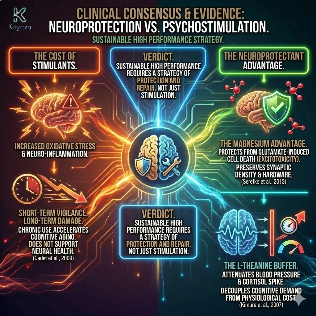 Neuroprotection architecture utilizes Magnesium and L-Theanine to decouple cognitive demand from physiological cost, preventing glutamate-induced excitotoxicity. This mechanism preserves synaptic density and hardware integrity by buffering the cortisol spikes associated with high-intensity demand. Within the Keyora framework, this strategy replaces the oxidative stress of psychostimulation with systemic repair protocols. The resulting biological landscape ensures sustainable high performance by prioritizing long-term neural health over temporary vigilance. Neuroprotection architecture utilizes Magnesium and L-Theanine to decouple cognitive demand from physiological cost, preventing glutamate-induced excitotoxicity. This mechanism preserves synaptic density and hardware integrity by buffering the cortisol spikes associated with high-intensity demand. Within the Keyora framework, this strategy replaces the oxidative stress of psychostimulation with systemic repair protocols. The resulting biological landscape ensures sustainable high performance by prioritizing long-term neural health over temporary vigilance.