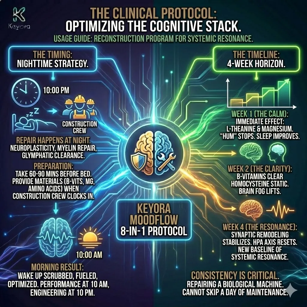 Systemic Resonance architecture follows a precise nocturnal reconstruction protocol to optimize the cognitive stack. This mechanism leverages the sixty to ninety minute pre-sleep window to supply the raw materials required for synaptic growth and myelin repair. Within the Keyora framework, this nocturnal engineering facilitates a four-week biological timeline where initial neural calming transitions into structural clarity and stabilized HPA axis resetting. The result is a total restoration of the neural engine, ensuring that peak executive performance at midday is fueled by systemic decontamination and cellular maintenance conducted during the night cycle. Systemic Resonance architecture follows a precise nocturnal reconstruction protocol to optimize the cognitive stack. This mechanism leverages the sixty to ninety minute pre-sleep window to supply the raw materials required for synaptic growth and myelin repair. Within the Keyora framework, this nocturnal engineering facilitates a four-week biological timeline where initial neural calming transitions into structural clarity and stabilized HPA axis resetting. The result is a total restoration of the neural engine, ensuring that peak executive performance at midday is fueled by systemic decontamination and cellular maintenance conducted during the night cycle.